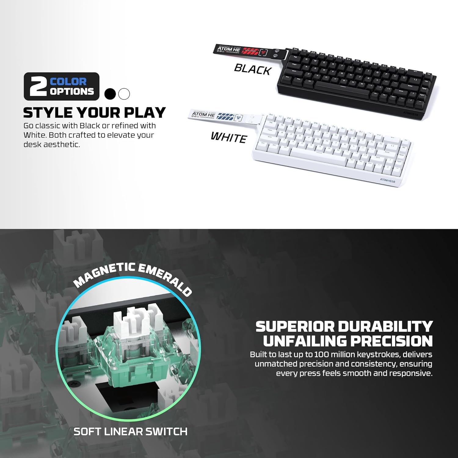 Fantech Atom HE68 Wired Magnetic Switch Mechanical Gaming Keyboard, Hotswap Hall Effect Keyboard 8K Hz Polling Rate for Pc/Windows/Mac OS - White - Black image number 2