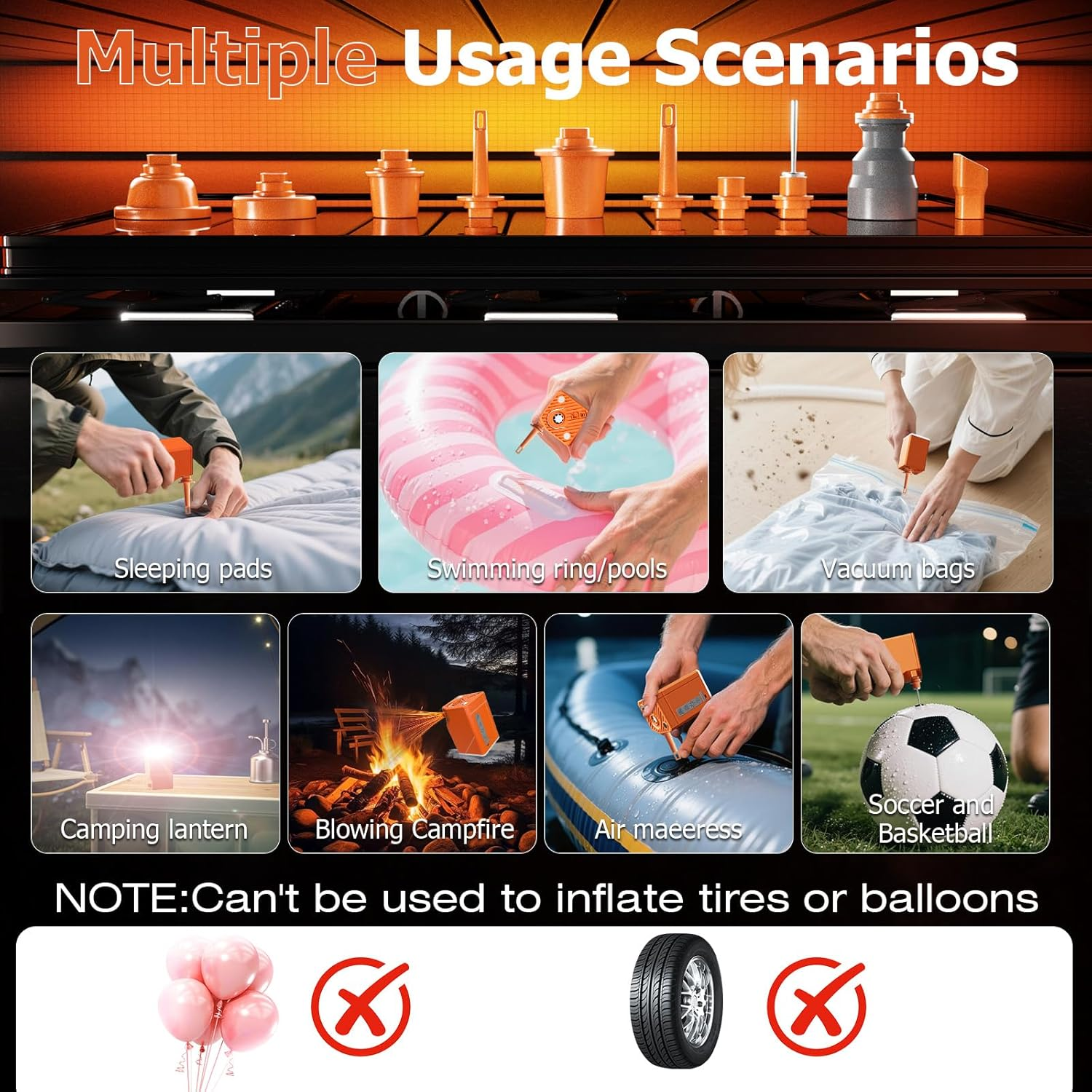 Portable Air Pump, Electric Air Pump with Camping Lantern and Fan, Rechargeable Mini Pump with 10 Nozzles, Quick Inflate Deflate for Air Mattress, Air Bed, Pool Toys, Floats, Swimming Ring,Vacuum Bags image number 2