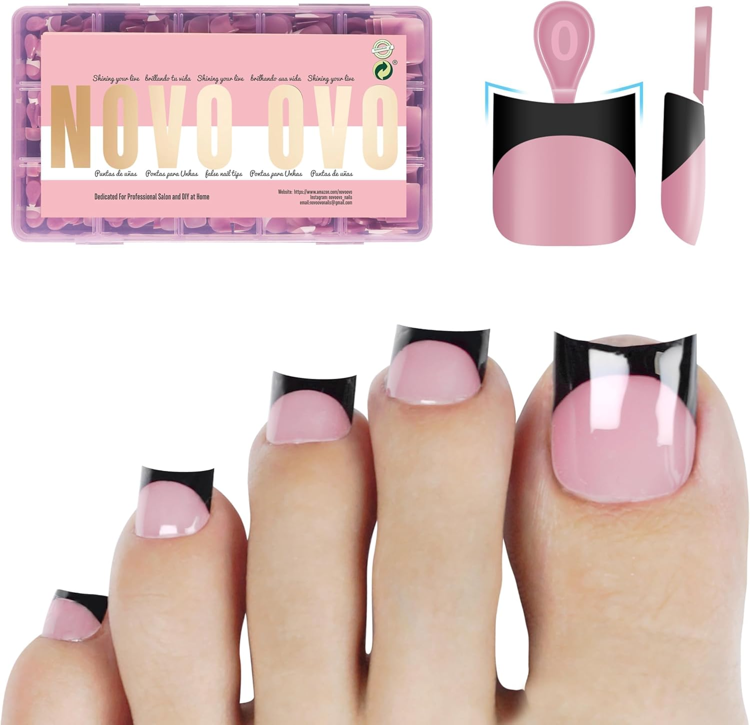 NOVO OVO Upgrade Toe Dual Nail Forms for Poly Gel with Inner French Tips Auxiliary Line for Toenail Extension, Square Soft Gel Nail Extension, Full Cover Molds for Pedicure DIY X 15 Sizes 270 Pcs