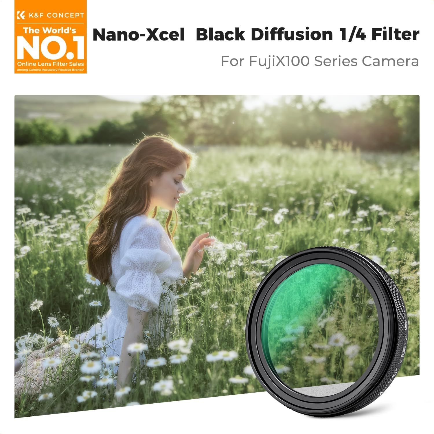 K&F CONCEPT Black Diffusion 1/4 Filter Compatible with Fujifilm X100 Series, Mist Soft Glow Diffuser Lens Filter Compatible with Fuji X100F X100S X100T X100V X100VI, Black Frame (Nano-X Series) - Silver image number 6