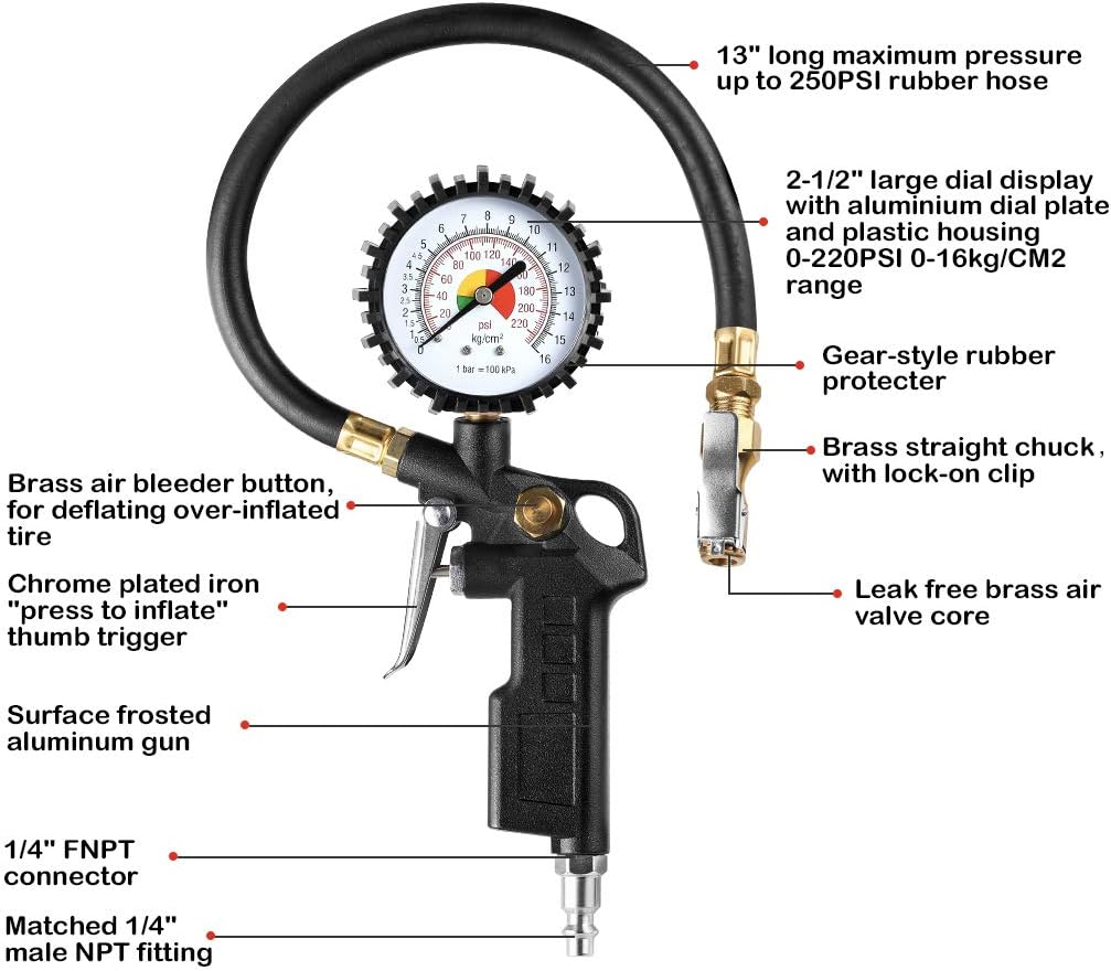 CZC AUTO Tire Inflator Deflator Air Pressure Gauge with Rubber Hose, 2-1/2" Dial Wheel Inflator Gage with Straight Brass Lock-On Chuck Compatible with Air Pump Compressor for RV Car Motorcycle Bike image number 1
