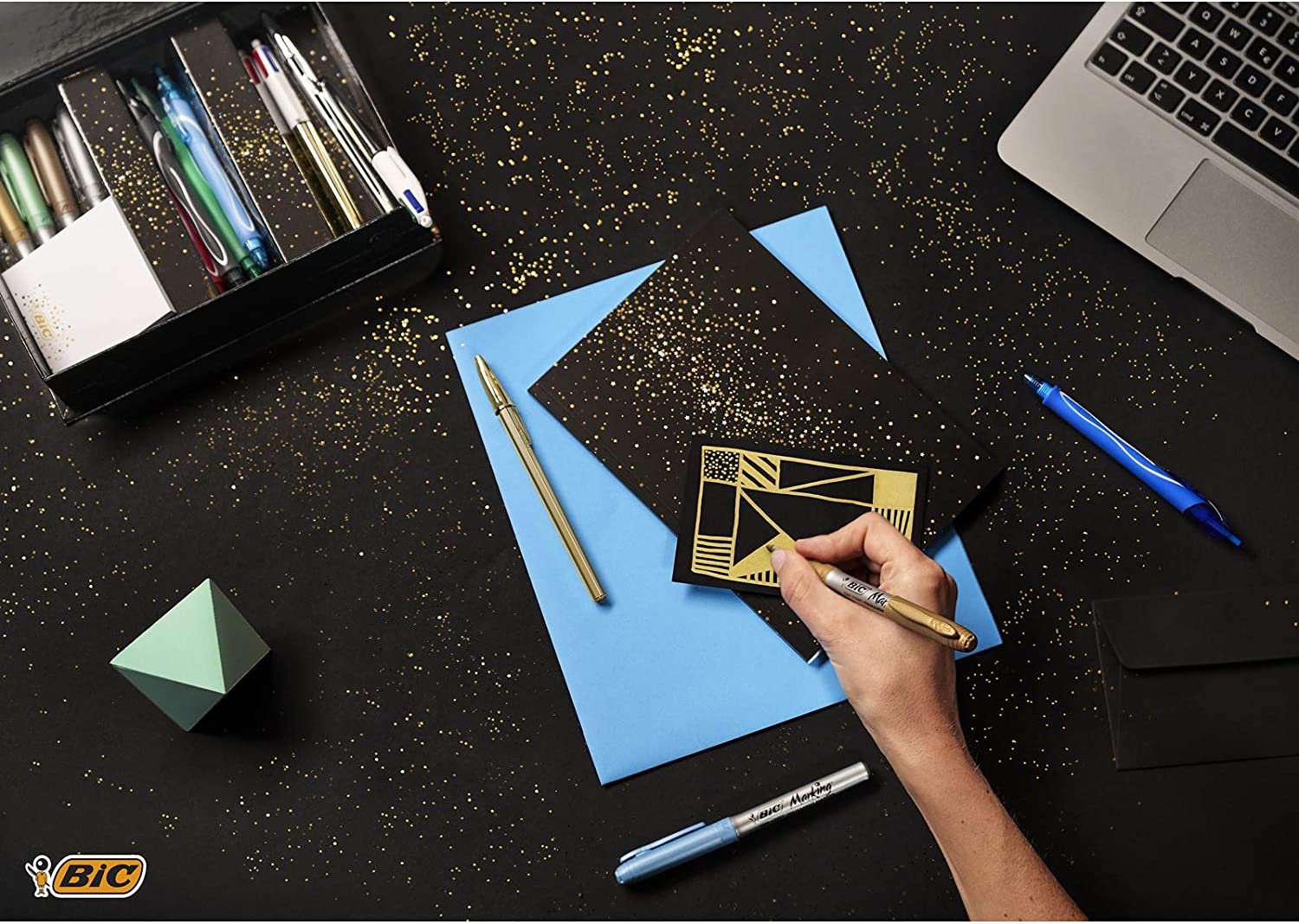 BIC My Surprise Box - Gift Set of 14 Writing Instruments, 4 Ballpoint Pens/5 Metallic Felt-Tips/ 5 Gel Pens/1 Sticky Note Block and an A5 Note Pad - White, Assorted Colours image number 4