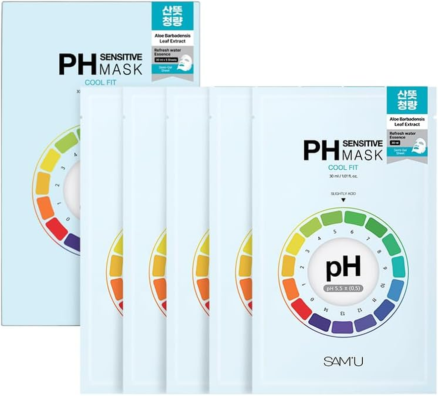 SAM&rsquo;U PH Sensitive Aqua Fit Face Mask &ndash; Hydrating & Soothing Vegan Sheet Mask with Hyaluronic Acid and Panthenol, Bamboo Fiber, Travel-Friendly Korean Skincare (5 Sheets)