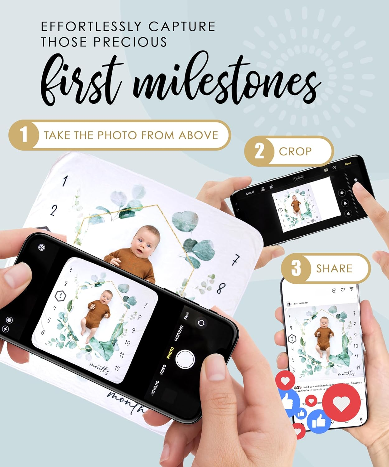 Baby Monthly Milestone Blanket Unisex Gender Neutral, First 12 Months Baby Milestone Blanket for Boy or Girl, Infant Photo Blanket for Age Growth, 46&rdquo;X46&rdquo;