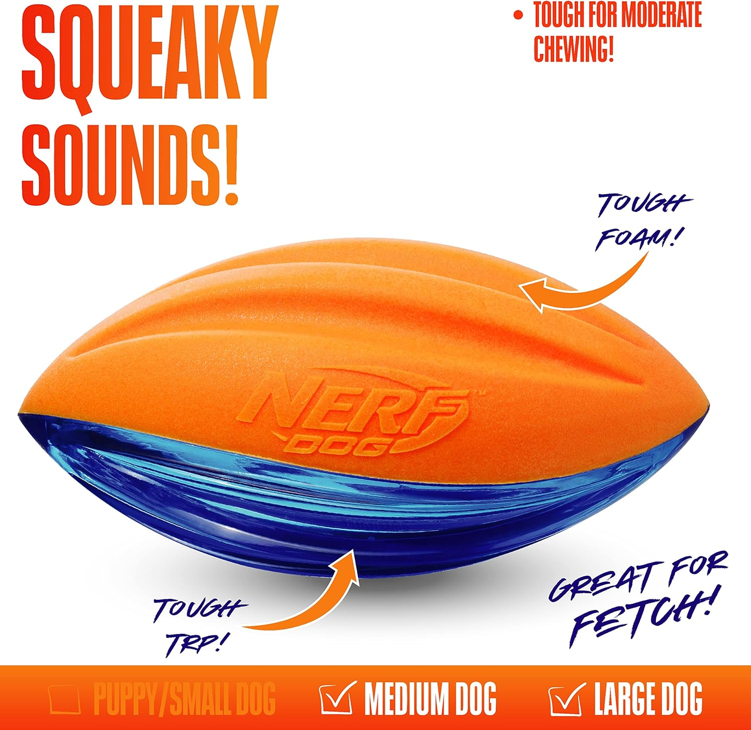 Nerf Dog Rubber Football Dog Toy with Interactive Squeaker, Lightweight, Durable and Water Resistant, 6 Inches, for Medium/Large Breeds, Single Unit, Blue and Orange image number 4
