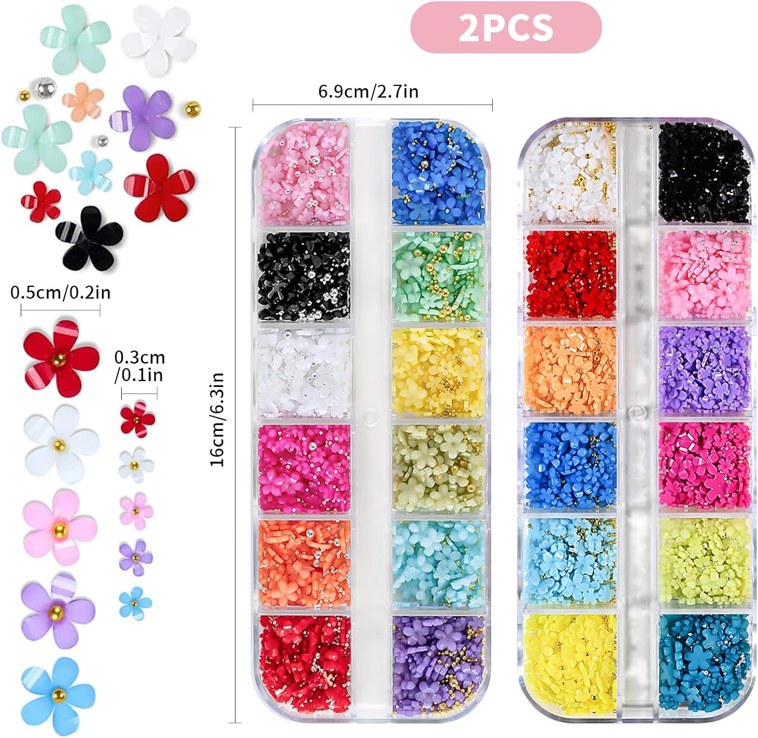 Gaivek 2 Pack 3D Flower Nail Art Charms Set, 12 Grids Spring Blossom Nail Decorations with Gold and Silver Beads, 5-Petal Floral Nails Accessories for DIY Manicure Design image number 3