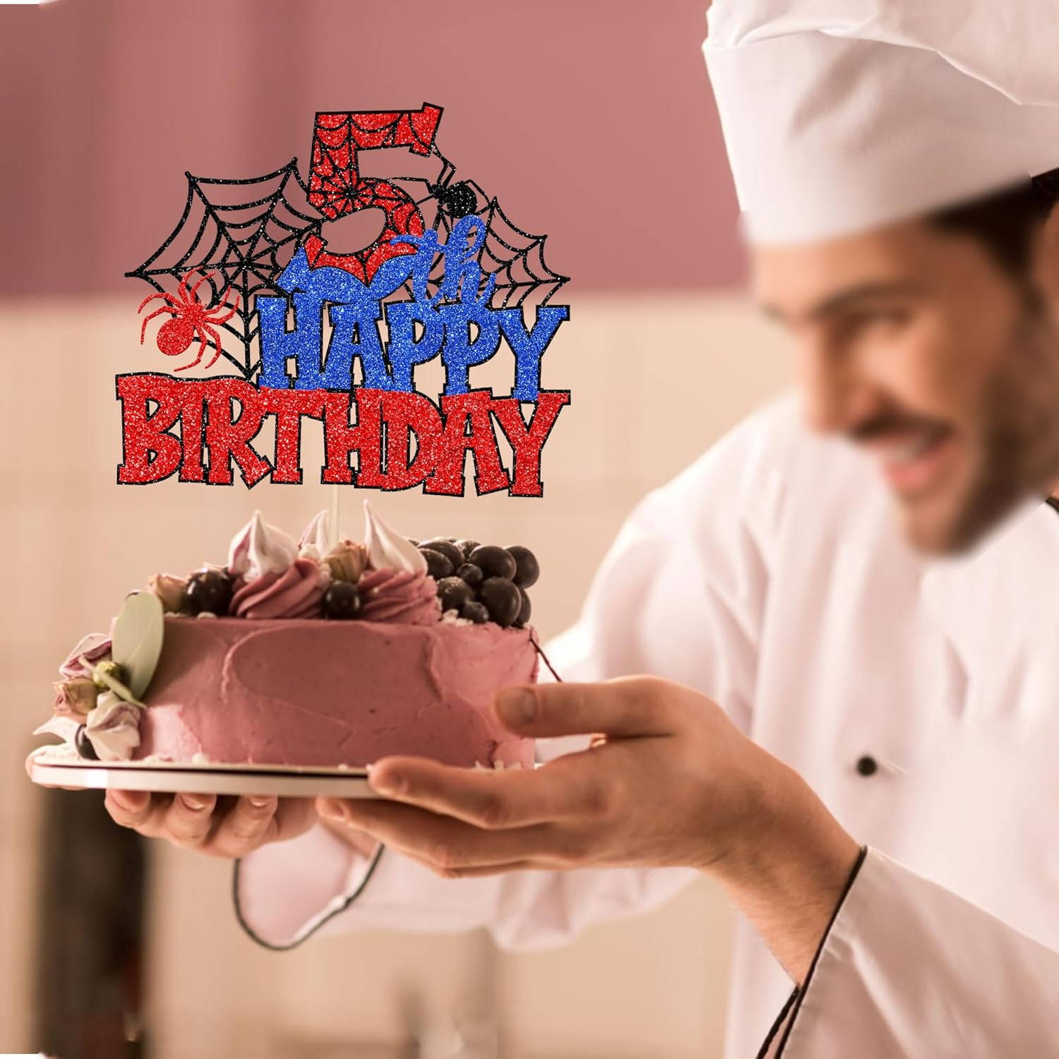 SYKYCTCY 1 Pack Spider Happy 5Th Birthday Cake Topper Glitter Spooky Party Cake Picks for Spider Theme 5Th Birthday Baby Shower Boys Girls Kids Party Supplies image number 6