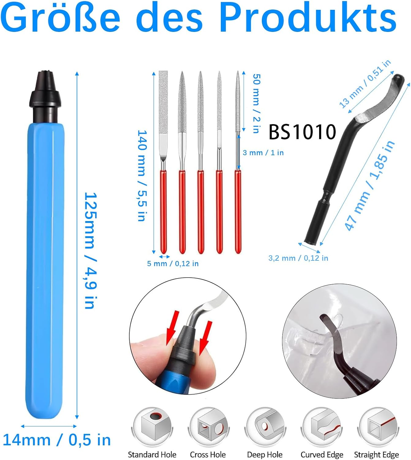 Deburring Tool Light Blue, 360&deg; Rotating Metal Deburring Handle, Blades for Deburring, Deburring 3D Print, with 10 Replacement Blades and 5 Diamond Files, Hand Deburrer, for Plastic, Aluminium image number 4