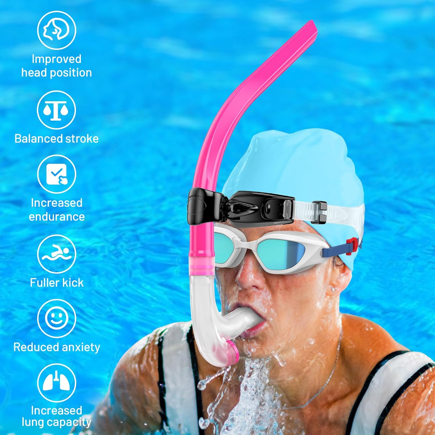 EMSINA Swim Snorkel for Adults, Lap Swimming and Training Snorkel,Unisex Adult/Kid/Youth, One-Way Purge Valve image number 3