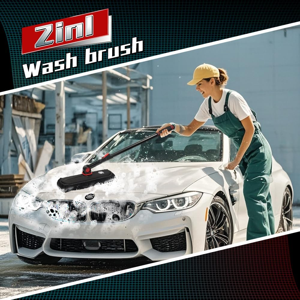 2In1 Brush and Duster for Car Exterior,Chenille Car Wash Brush Mop*1Pc,Wax Cotton Car Duster Mop*1Pc Remove Dust,Freely Switch a Retractable Black Steel Pole,Car Cleaning Supplies for Truck Rv Boat image number 6