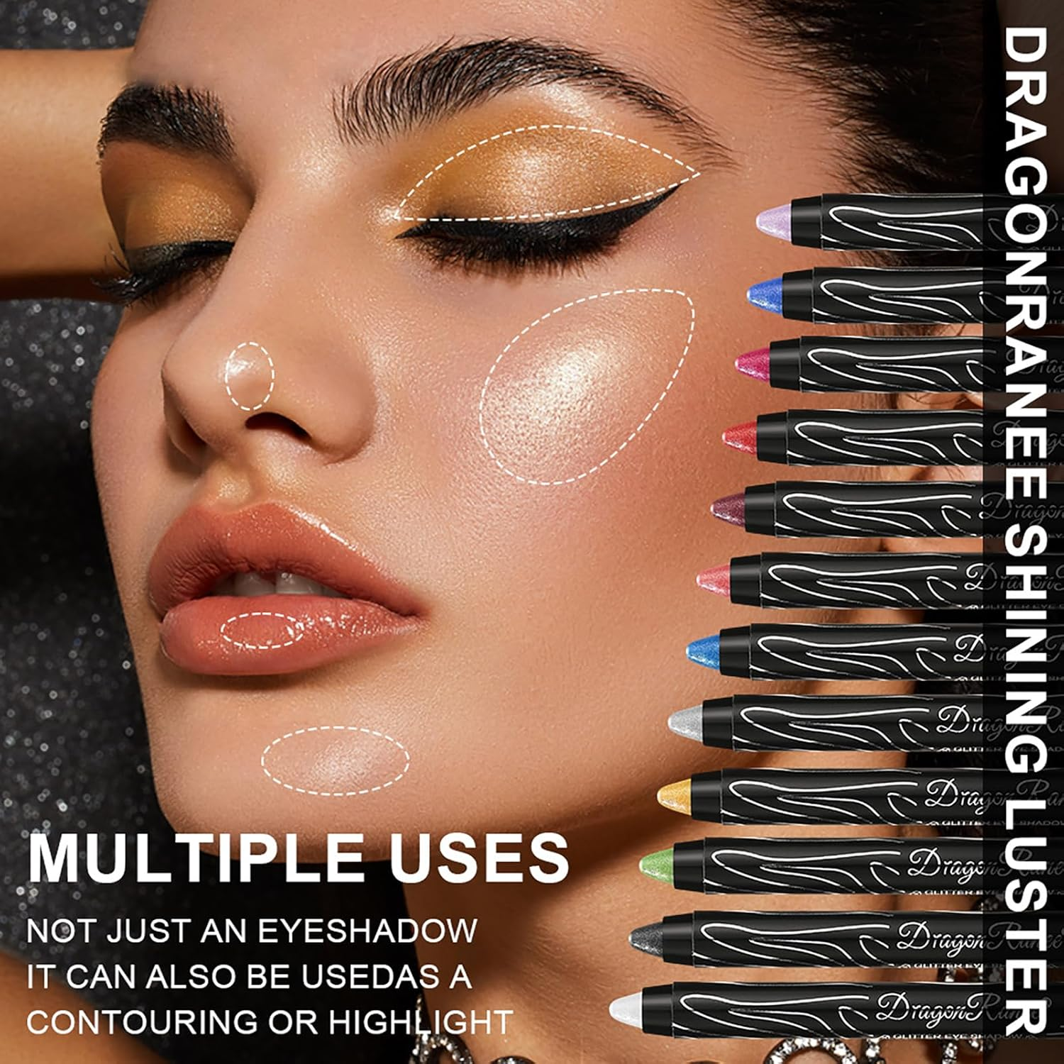 Dynaeuty 12PCS Cream Eyeshadow Stick Sets, Metallic Glitter Shimmer Smokey Eye Looks Waterproof Long Lasting Quick-Drying Sparkling Eye Shadow Makeup Kits (A)