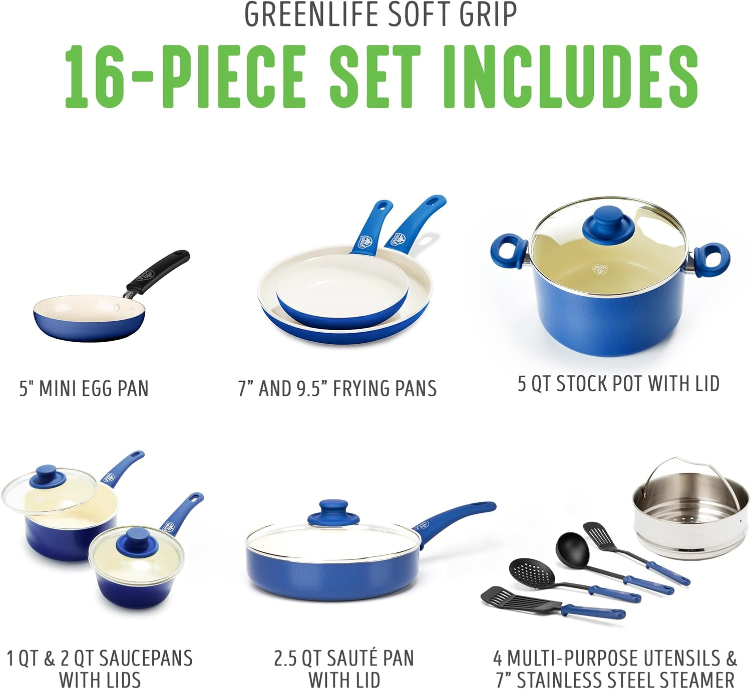 Greenlife Soft Grip Healthy Ceramic Nonstick, 16 Pc Cookware Pots and Pans Set, Pfas-Free, Dishwasher Safe, Blue image number 4