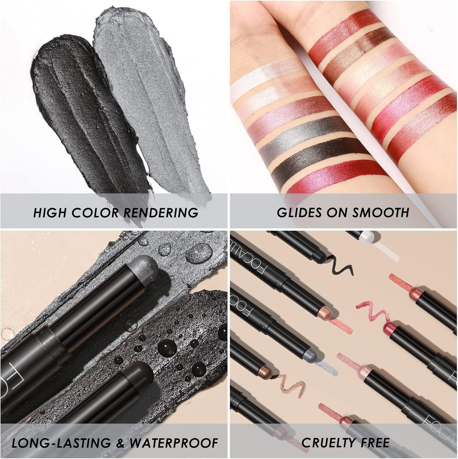 FOCALLURE 2 Pcs Shimmer Cream Eyeshadow Stick,Brightener Eyeshadow Pencil Crayon,Highlighter Eye Shadow Stick Sets with Crease-Proof Formula,Long Lasting Waterproof Eye Shadow Make Up,Smoky Night