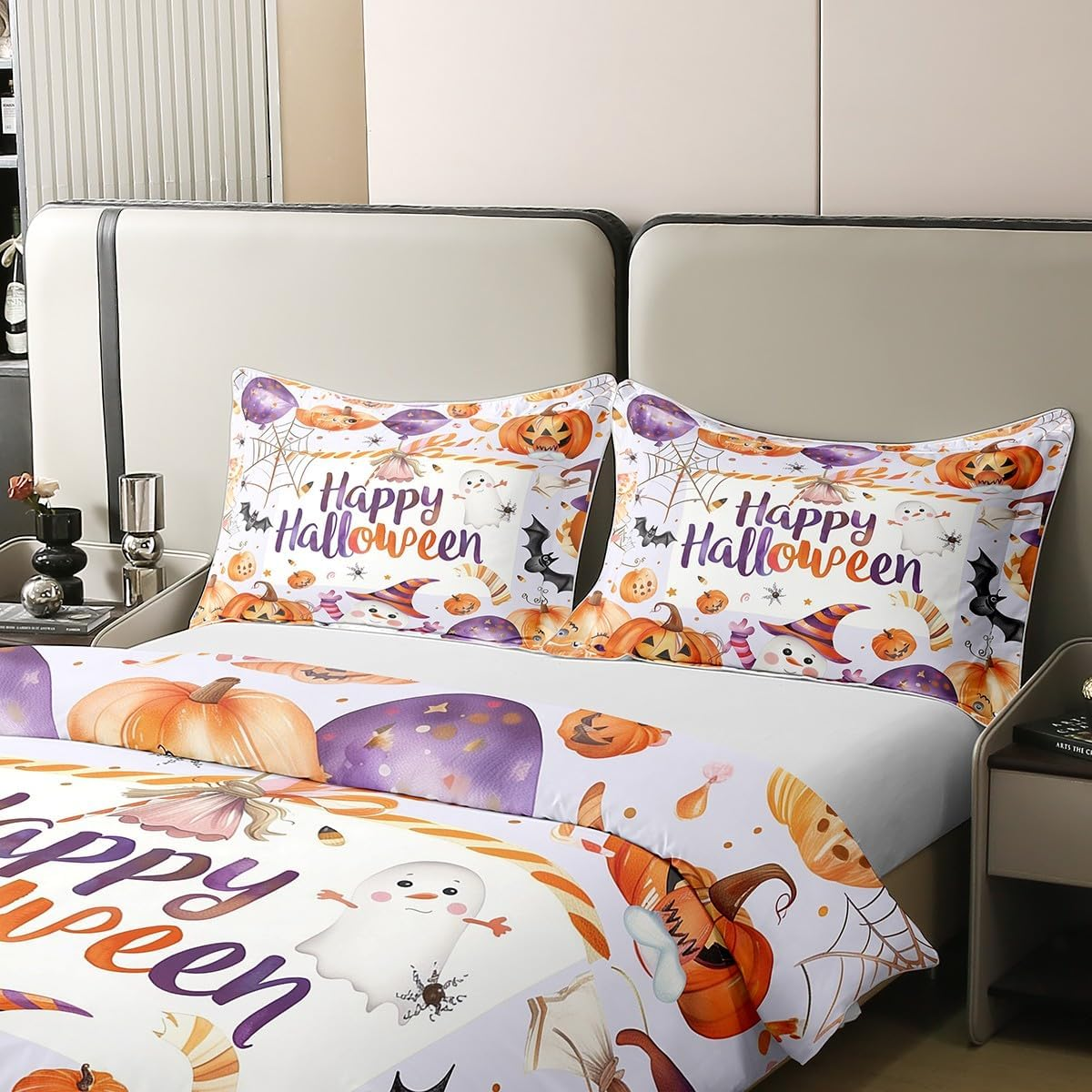 Manfei Happy Halloween Cotton Duvet Cover 3 Pcs King Size,Cute Ghost Pumpin Bat Spider Web Bedding Set for Kids Teens,Orange Purple Starry Balloons Halloween Comforter Cover(No Filler) image number 5