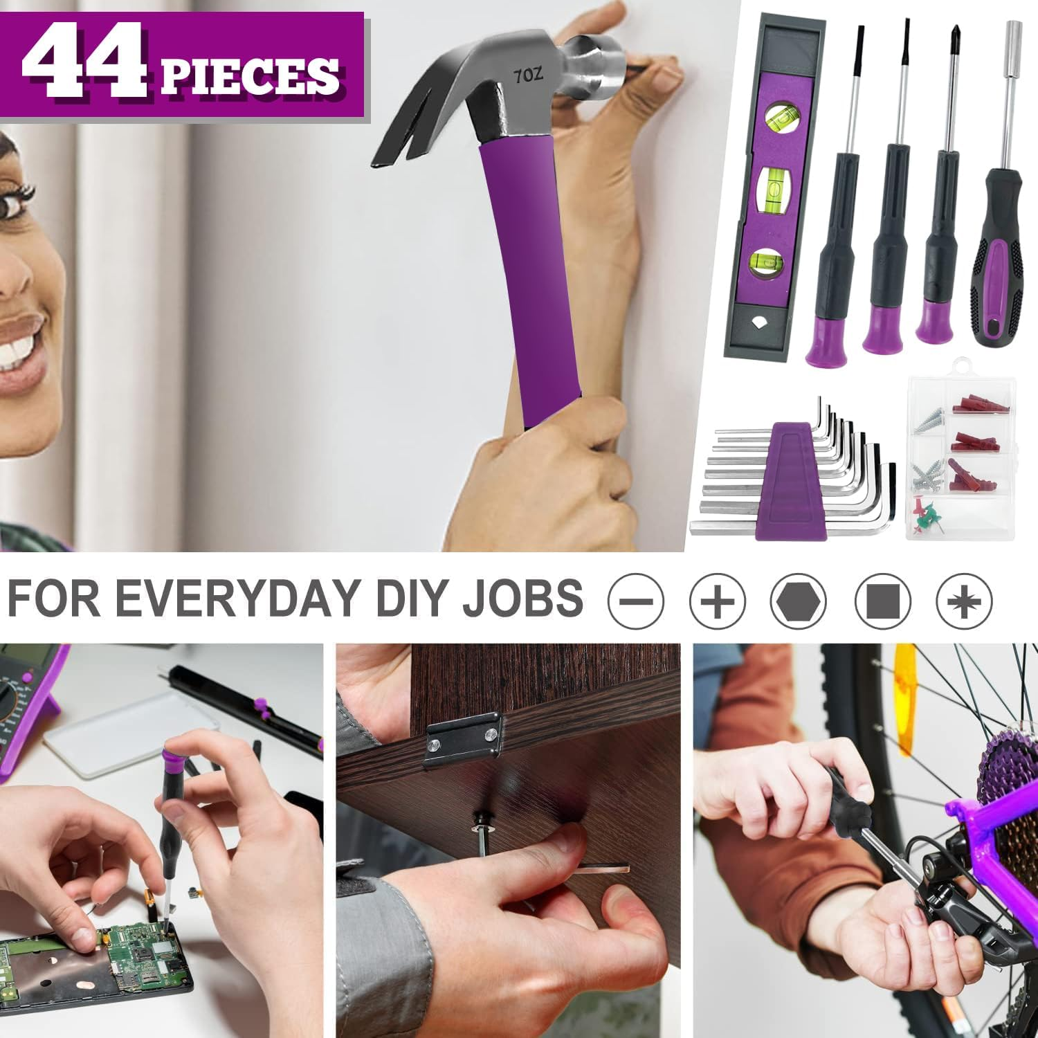 Werktough 44PCS 4V Cordless Screwdriver Tool Kit Set Pink Color Tools Lady Tools Kit Home Repair Set Toolbox Hand Tool Kit Storage Case Gift Set LADYCRAFT image number 3