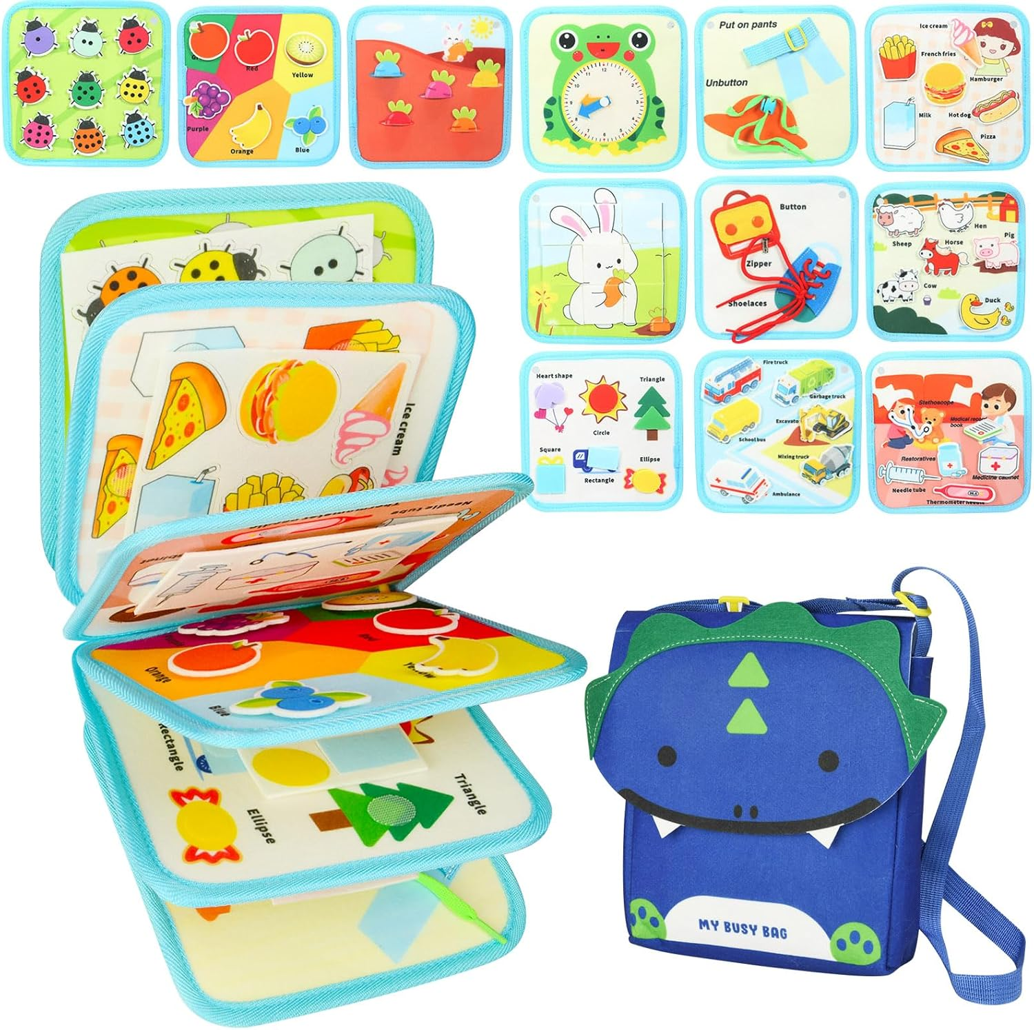 OSDUE Busy Board, Quiet Book Montessori Soft Felt Book Activity Board Motor Skills Toy for Early Education Gift Boy Girl Sensory Learning Toy for Travel Car Plane (Blue) image number 3