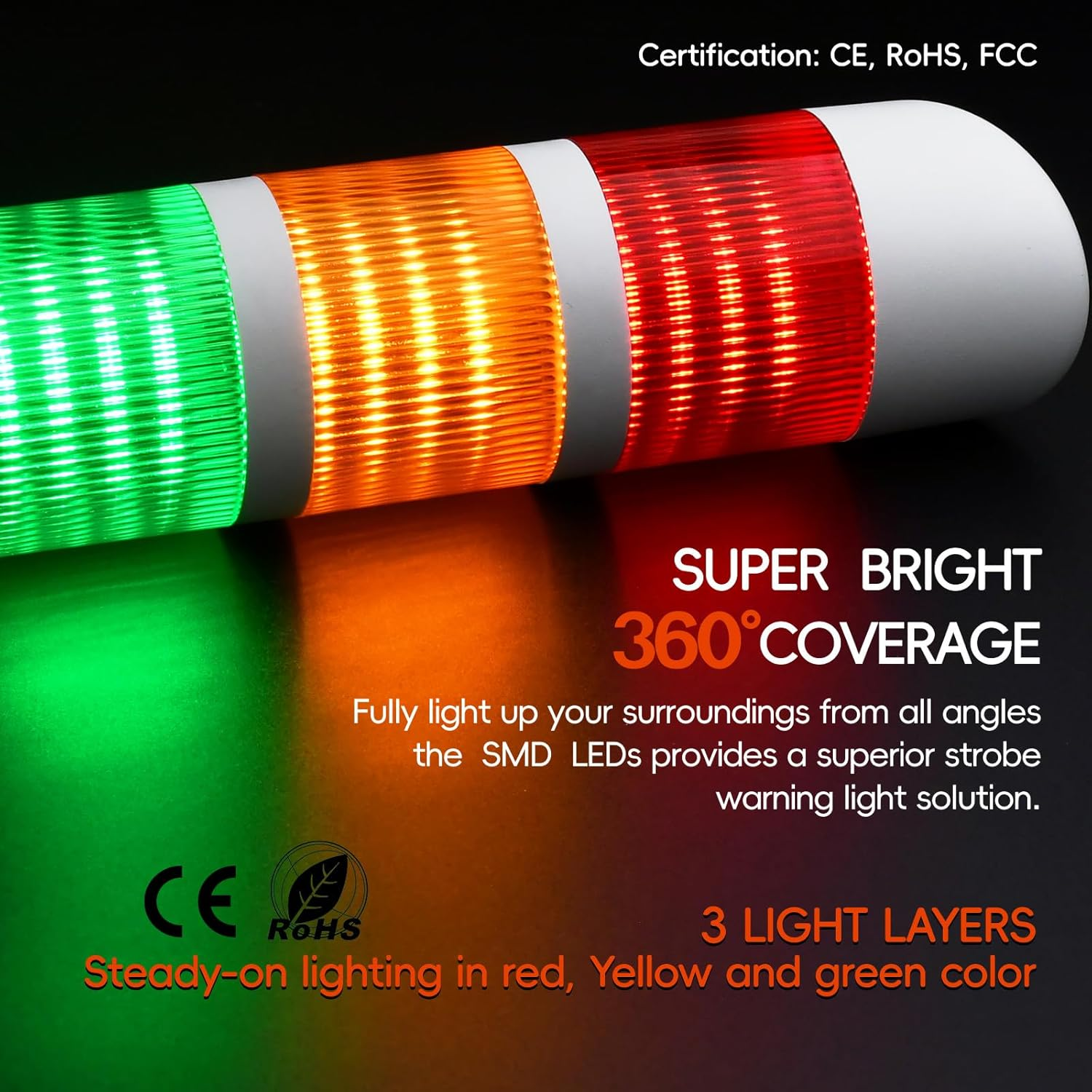 3-Layer Led Signal Tower Stack Lights, Industrial Signal Warning Lights, Column Tower Lamp with Rotatable Base Steady 24V DC/AC with Buzzer image number 1