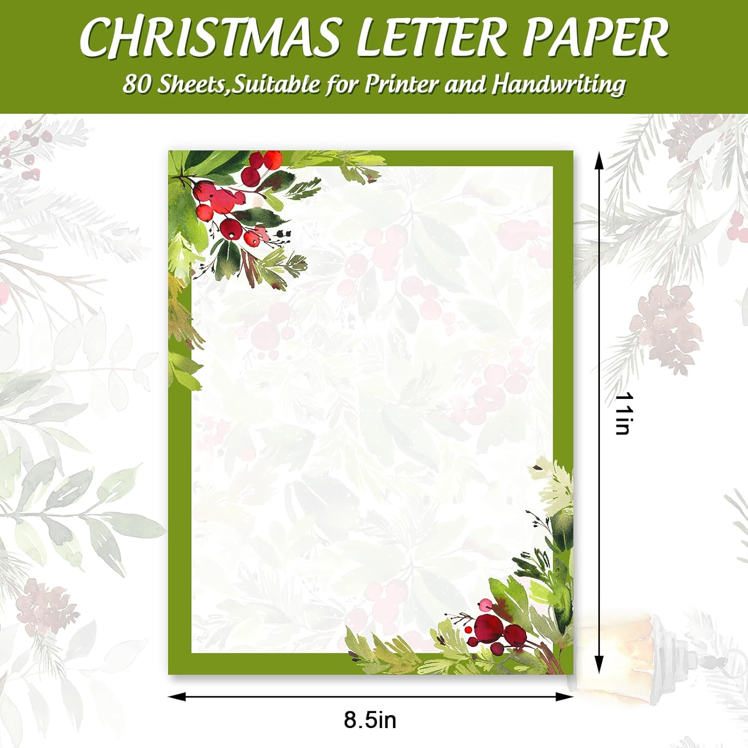 Anydesign 80 Sheet Christmas Stationary Paper Xmas Holly Leaves Letterhead Letter Writing Paper for Holiday Notes Greeting Cards Invitations Office School Printing, 8.5 X 11 Inch image number 5