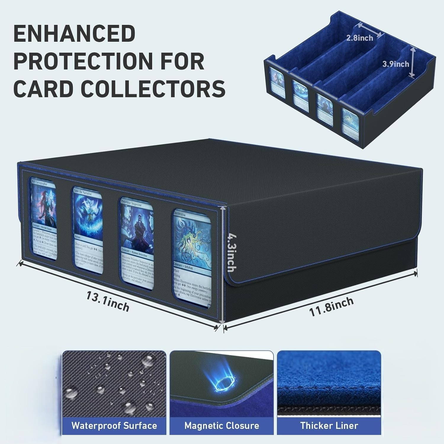 Cyperever PU Leather Trading Card Storage Box, Playing Card Case with 4 Display Windows, Magnetic Closure Storage Boxes with 3000+ Trading Cards Storage, 48 Colorful Dividers, 4 Supporters & Strap image number 5