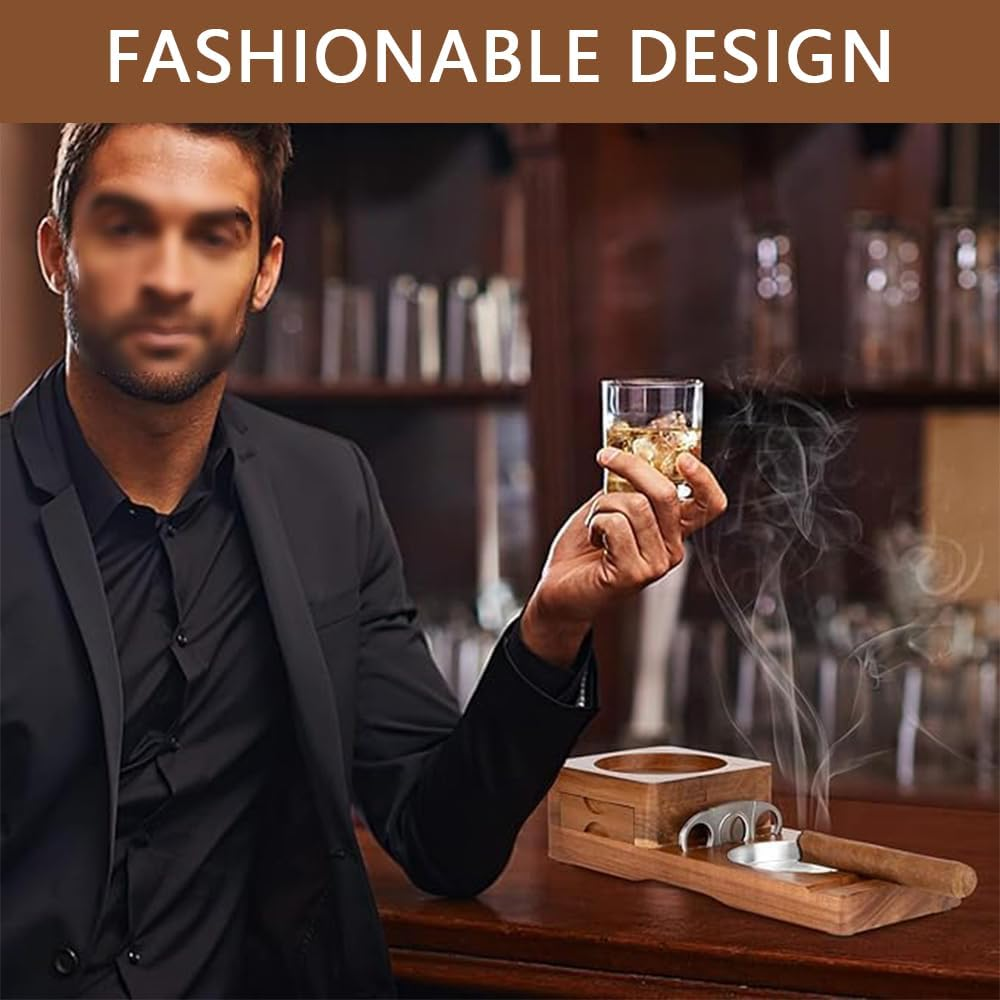 Cigar Ashtray Set with Whiskey Glass Holder &ndash; Wooden Ashtray with Steel Channel, Removable Drawer & Cigar Cutter, Classic Wood & Aluminum Cigar Accessories for Home & Office image number 6