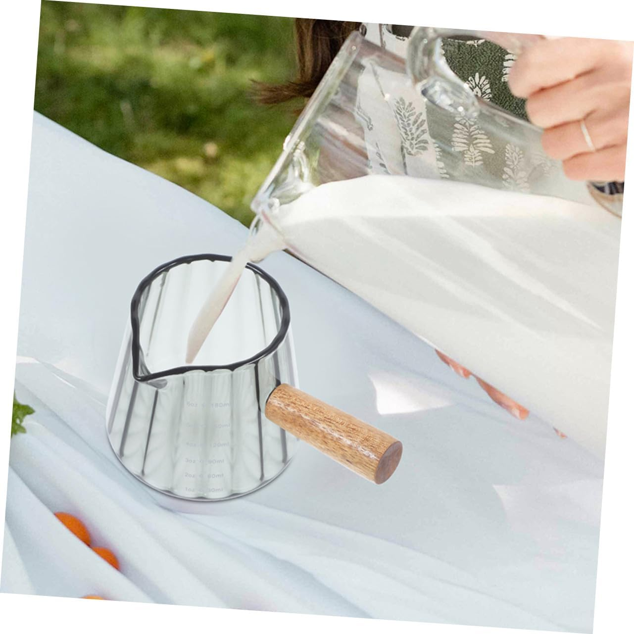 Iplusmile 2Pcs Clear Glass Milk Measuring Cups with Wooden Handles Small Frothing Pitchers for Espresso and Multipurpose Mini Milk Jugs for Coffee Lovers at Home Office image number 1