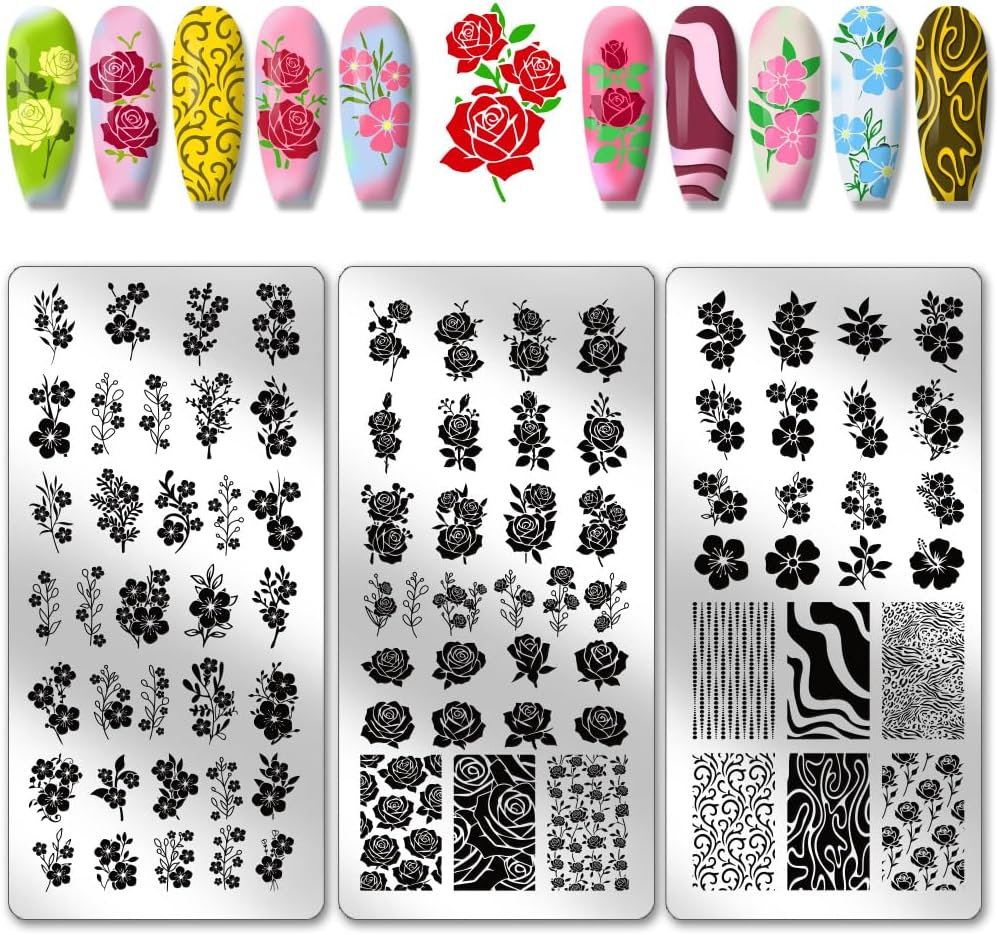 PH Pandahall 3Pcs Flower Branches Pattern Nail Stamp Plate Rose Pattern Nails Stencils Stainless Steel Nail Image Plate Flowers Print Art Template for Women DIY Printing 4.7X2.3 Inch image number 3
