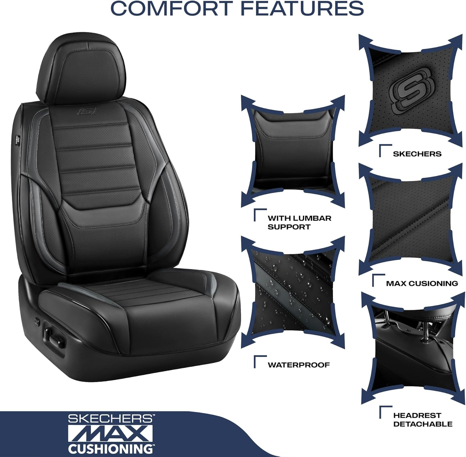 Skechers MAX Cushioning Seat Covers,Memory Foam Leather Car Seat Covers,Waterproof Car Seat Protector Full Sets,Car Seat Cushion Airbag Automotive Universal Fit for Most Cars,Vans,Trucks,Suv,Grey image number 2