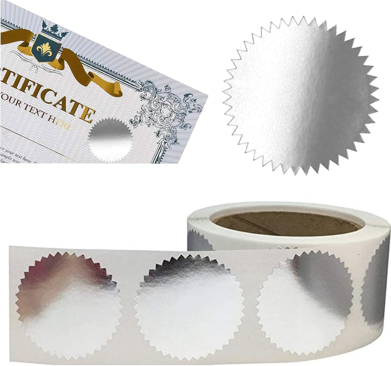 Certificate Award Seals, Silver Metallic Stickers with Serrated Edge 2'' Wafer Seals Labels for Envelopes, Package, School, Business - 250 PCS