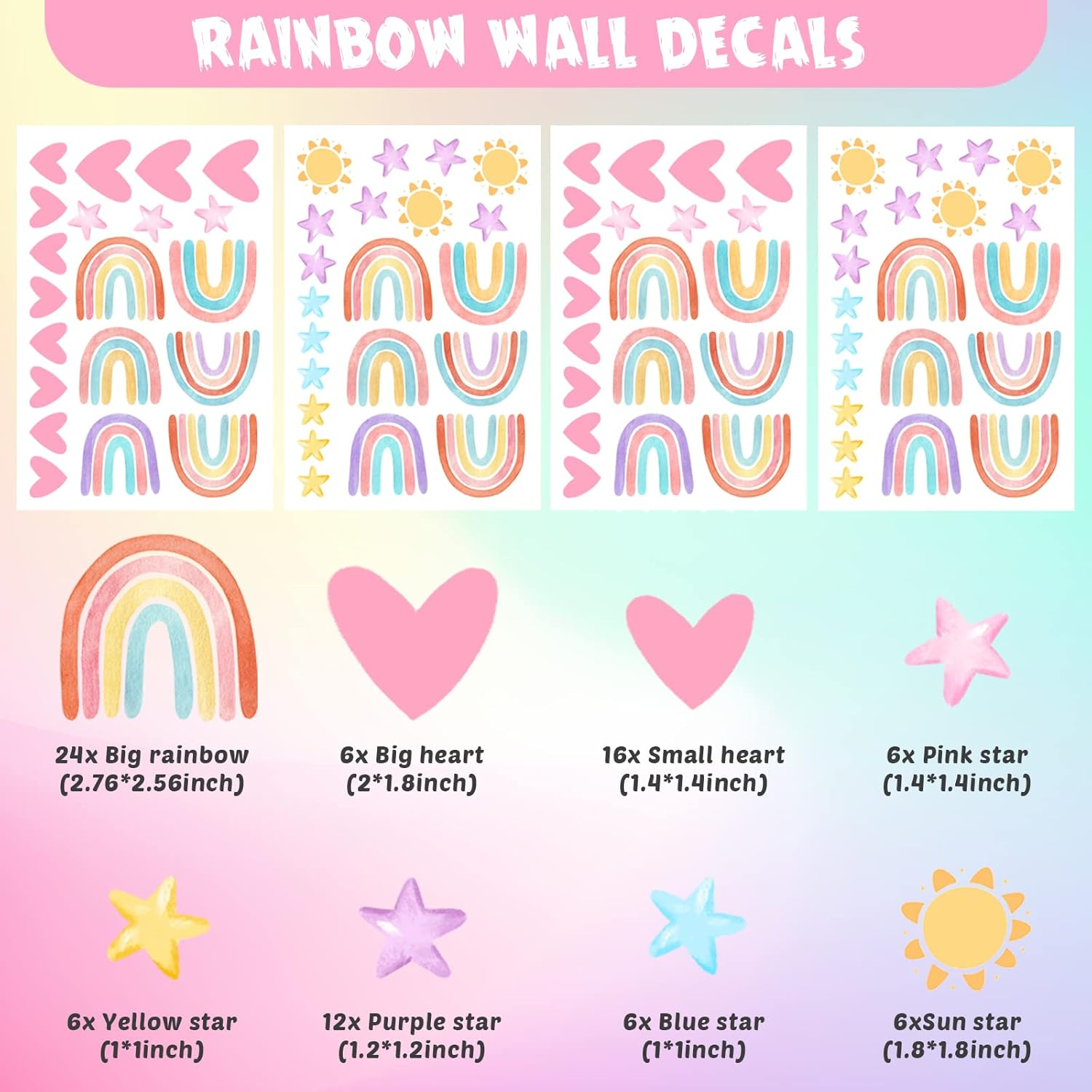 Rainbow Wall Decor Stickers Small Rainbow Wall Decal Watercolor Rainbow Heart Sun Star Wall Stickers for Girls Boys Baby Bedroom Nursery Wall Decor (Classic Color) image number 6