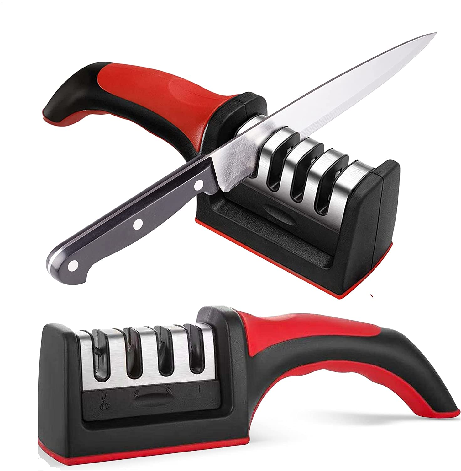 Knife Sharpeners for Kitchen Knives&ndash; Stainless Steel 4 In1 Kitchen Knife Sharpener &ndash; Ergonomic and Easy to Use Knife Sharpening Kit with 4 Stage Sharpening Slots Black