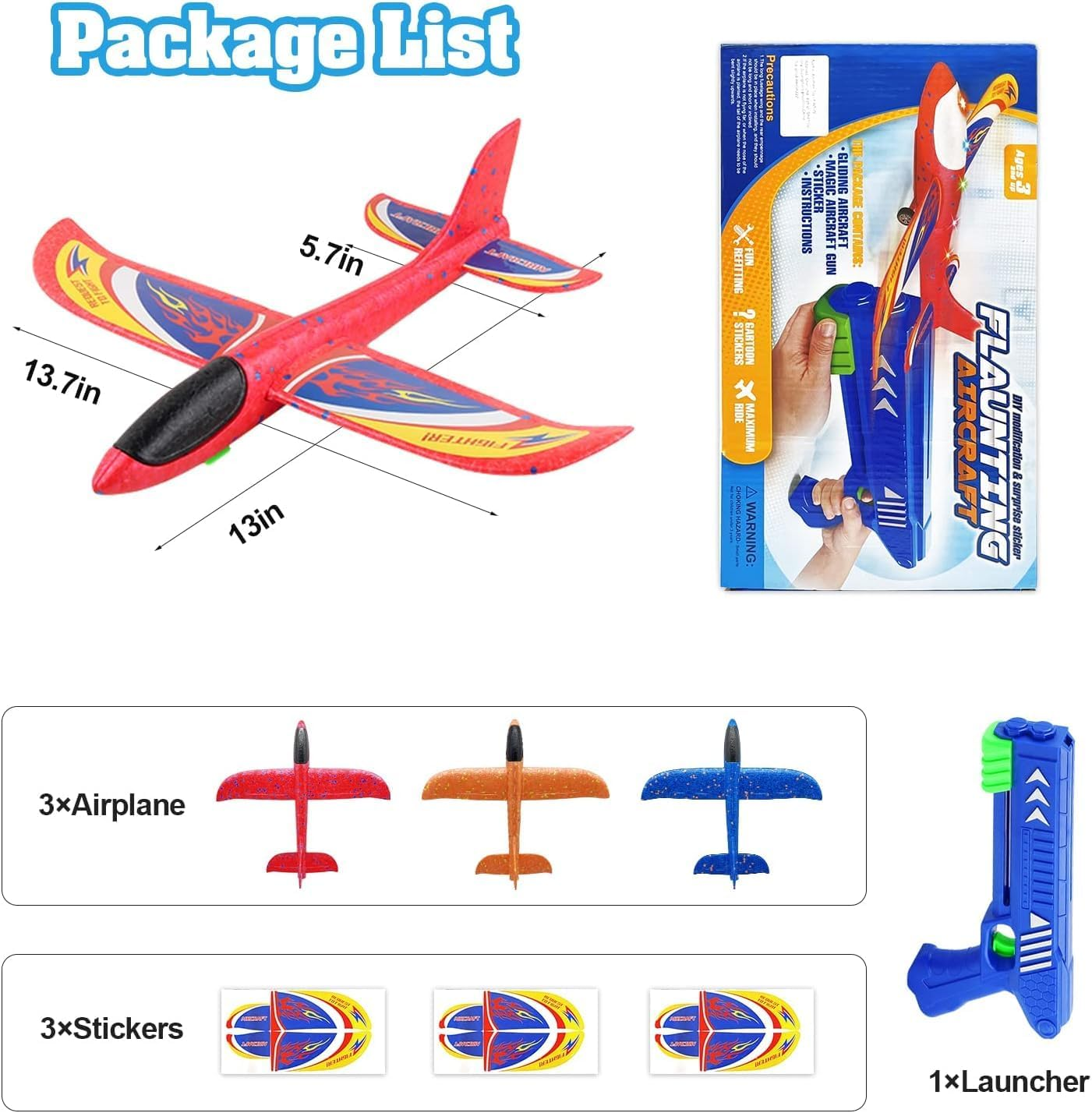 Airplane Toys with Launcher 3 Pack，Igugig Foam Plane Toys Include 3 Sets Fun Outdoor Toys Shooting Game, Birthday Gift Toys for 3 4 5 6 7 8 Years Old Boys Girls image number 3