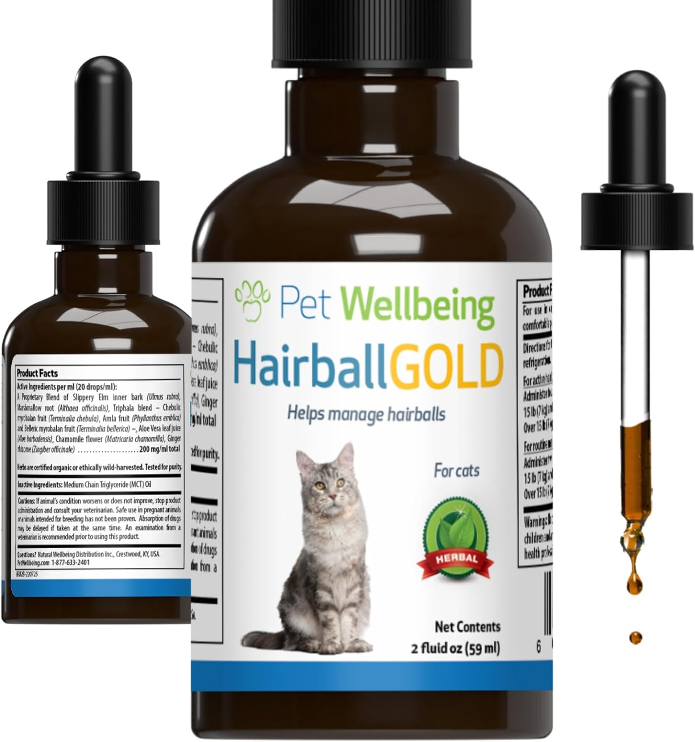 Pet Wellbeing Hairball Gold for Cats - Holistic Hairball and Digestive Care, Normal Elimination, Slippery Elm, MCT Oil, No Mineral Oil - Veterinarian-Formulated Herbal Supplement 2 Oz (59 Ml) image number 4