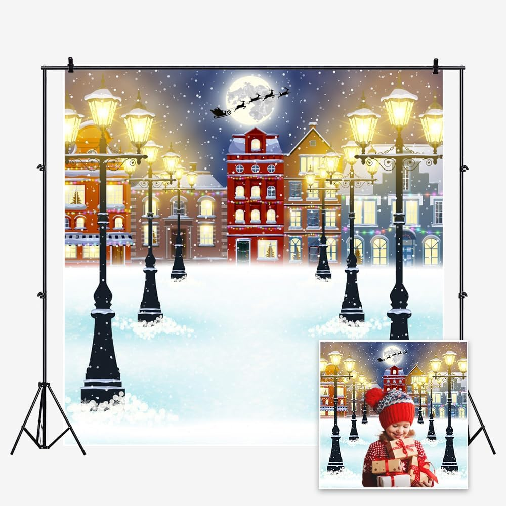 6 X 6 Ft Winter Night Cityscape Polyester Background Merry Christmas Bright Street Lights Backgrounds Western Building Snowy Full Moon Background Christmas Eve Party Banner image number 5
