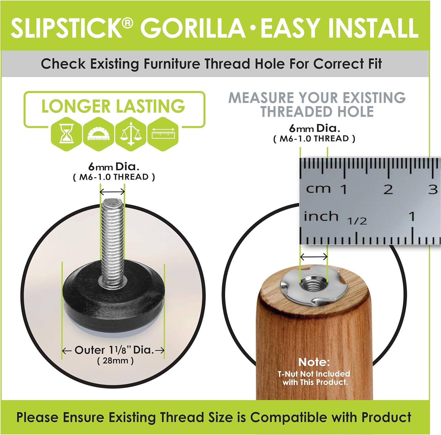Slipstick Gorilla Outdoor Adjustable Furniture Levelers (8 Pack) Weatherproof Screw in Leg Glides for Chairs, Tables, and Outdoor Furniture Feet, 28Mm Slider Glide, M6 Thread image number 3