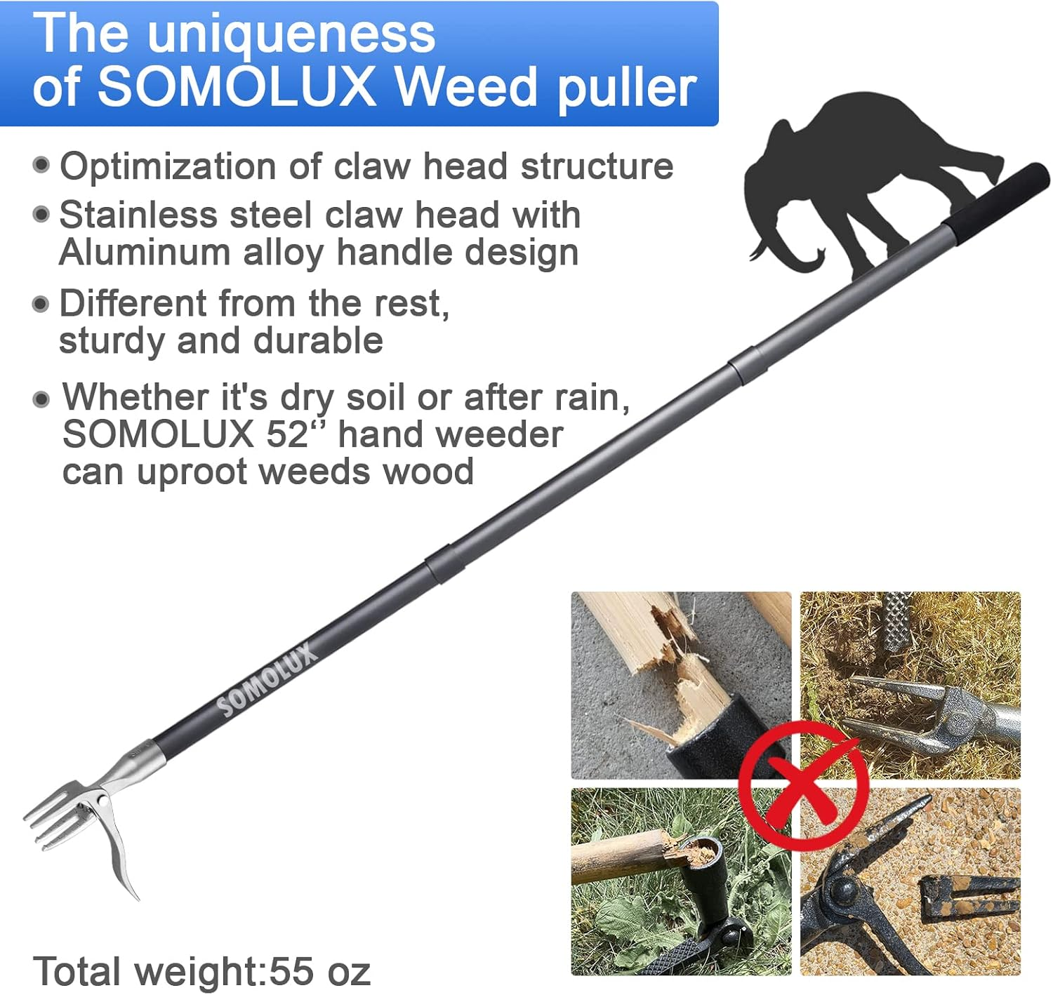 SOMOLUX 52'' Weed Puller Stand-Up Weeder Weeding Tool for Gardening Heavy-Duty Stainless Steel Claw with Long Metal Handle Weed Remove Tool for Lawn/Yard and Garden without Bending or Kneeling image number 3