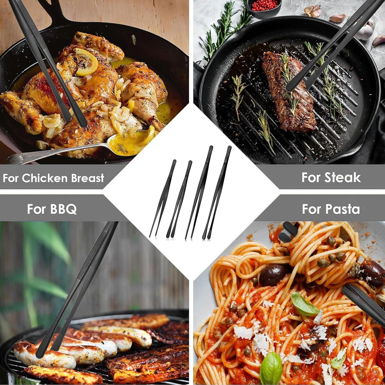 4 Pcs Black Stainless Steel Kitchen Tweezers Tongs, 25 CM & 30 CM Culinary Precision Straight Tongs, Serrated Tip and round Tip Tweezer Set for Cooking, Bartending, BBQ, and Repairs