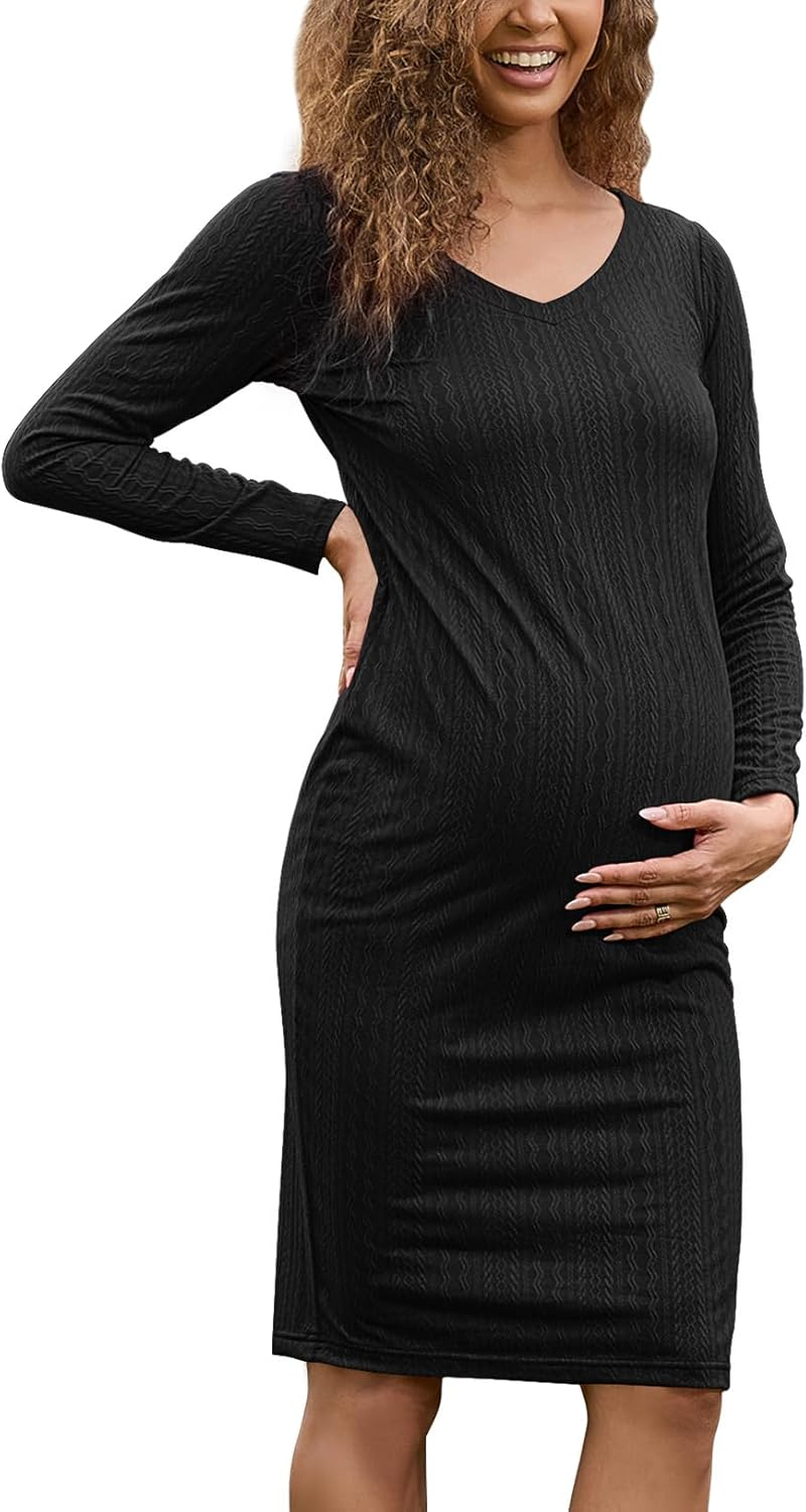 Maternity Dress Long Sleeve V Neck Knit Ribbed Maternity Sweater Dress Bodycon Mid Pregnancy Dress for Photoshoot Baby Shower