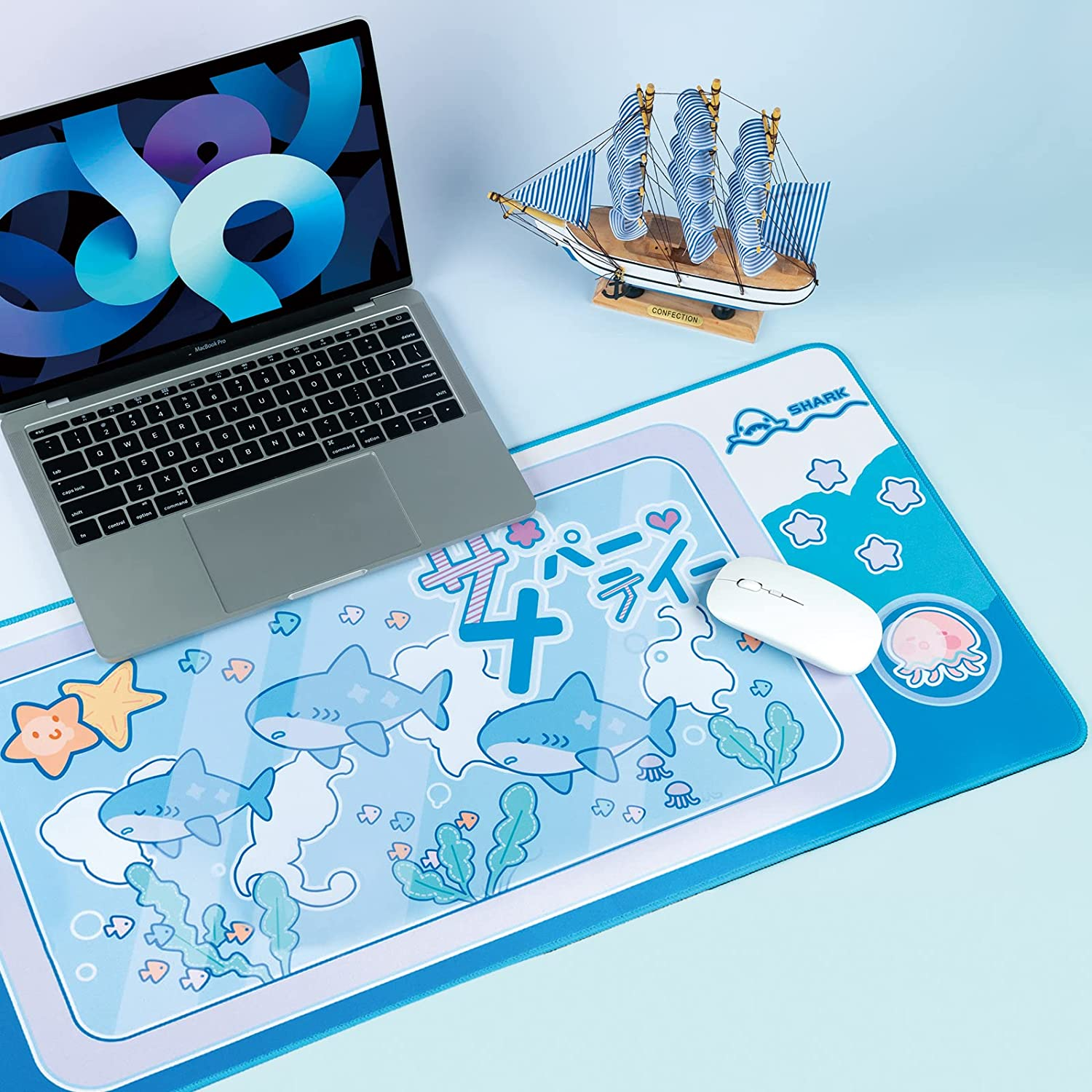Geekshare Cute Shark Party Mouse Pad - Large Non-Slip Rubber Base Desk Mat for Keyboard and Mouse, Perfect for Gaming, Writing, or Home Office Work