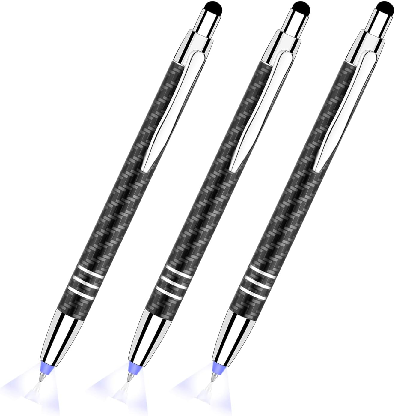 Lighted Tip Pen with Stylus 3-In-1 - LED Penlight Ballpoint Pen with Light for Writing in the Dark - Pack of 3 - White Light - GL006