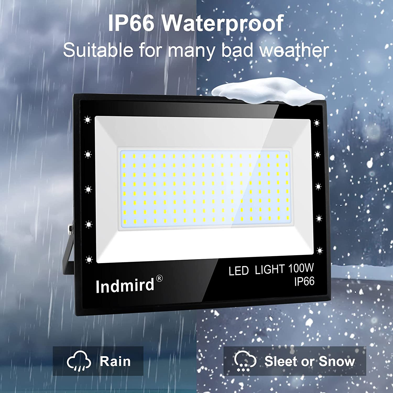 100W LED Flood Light Outdoor, Indmird 10000LM LED Floodlights 6500K Daylight White Security Lights IP66 Waterproof Led Spot Light Led Work Light for Yard,Garage,Garden,Parking Lot, Park,Playground image number 1