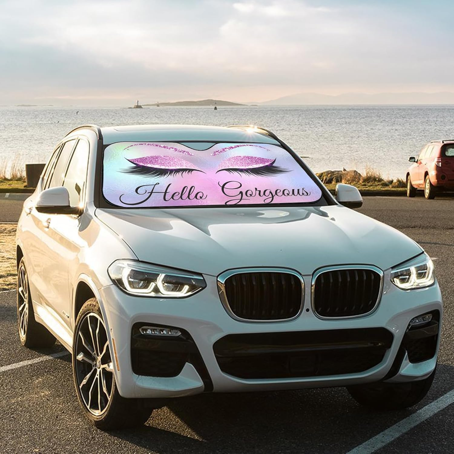 Car Windshield Sunshade, Purple Eyelash Front Window Sun Shades, Folding Block Sun Visor Protector for Car, Sedan, Truck, SUV, Womens Cute Auto Interior Accessories 51X27.5 In image number 6