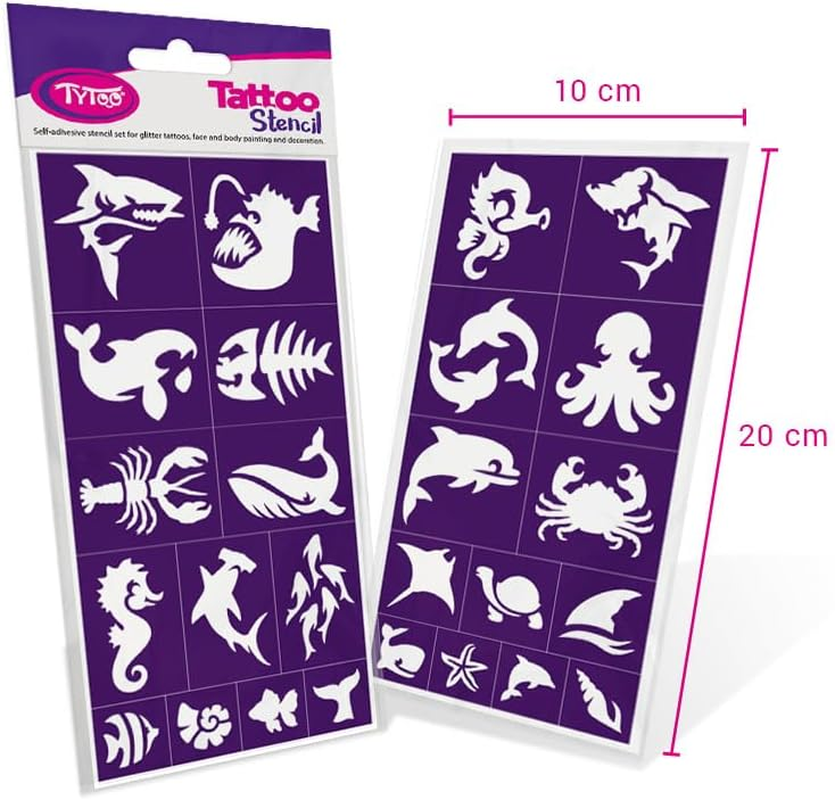 Tytoo Glitter Tattoo Stencil Set - Reusable Templates for Children & Adults - EU Design, Skin-Friendly, Perfect for Parties, Children'S Make-Up & Body Painting (Sea Animals) image number 4