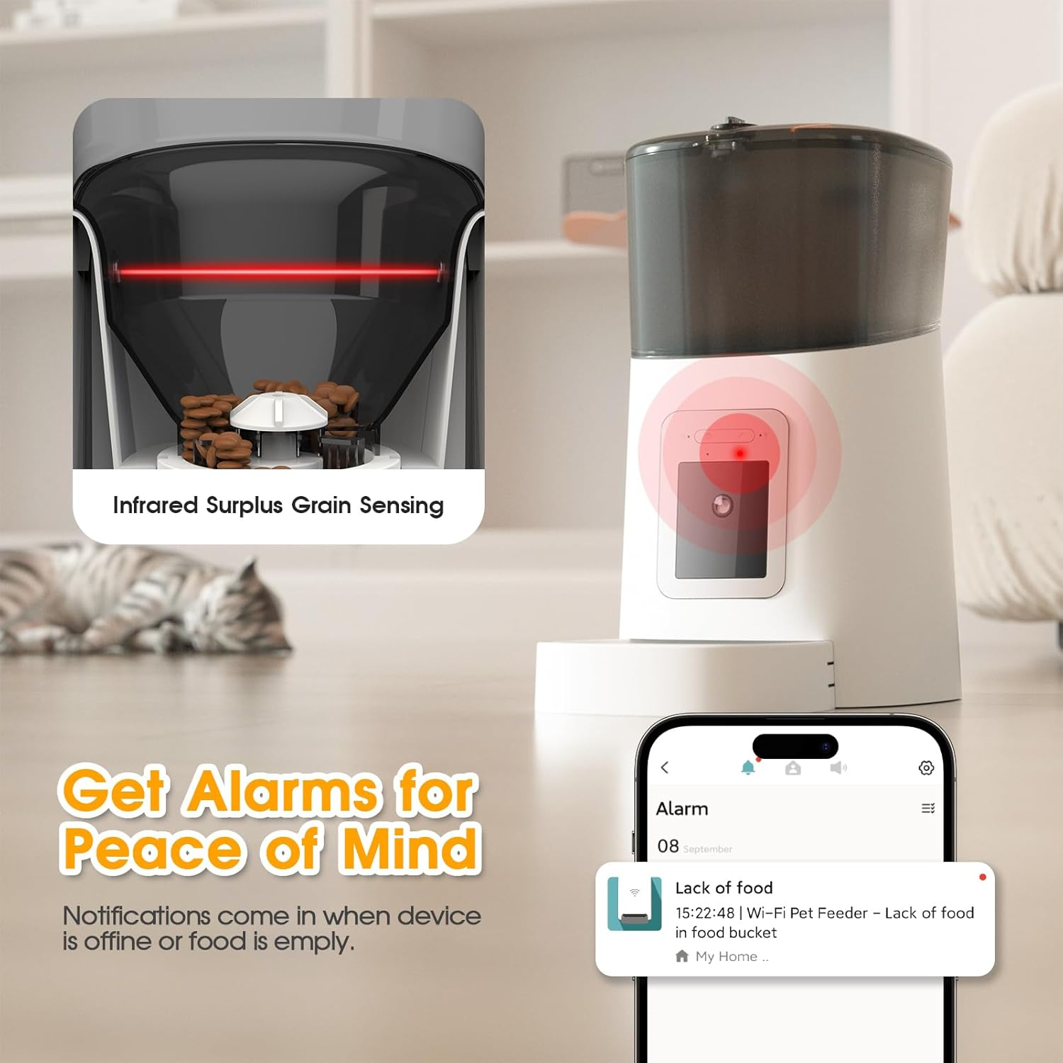 ADVWIN Pet Feeder,1080P HD Wifi 6L Automatic Cat Feeder 110&deg;Angle Adjustable with Night Vision Camera, Smart Timed Pet Feeder for Dogs and Cats（White） image number 5