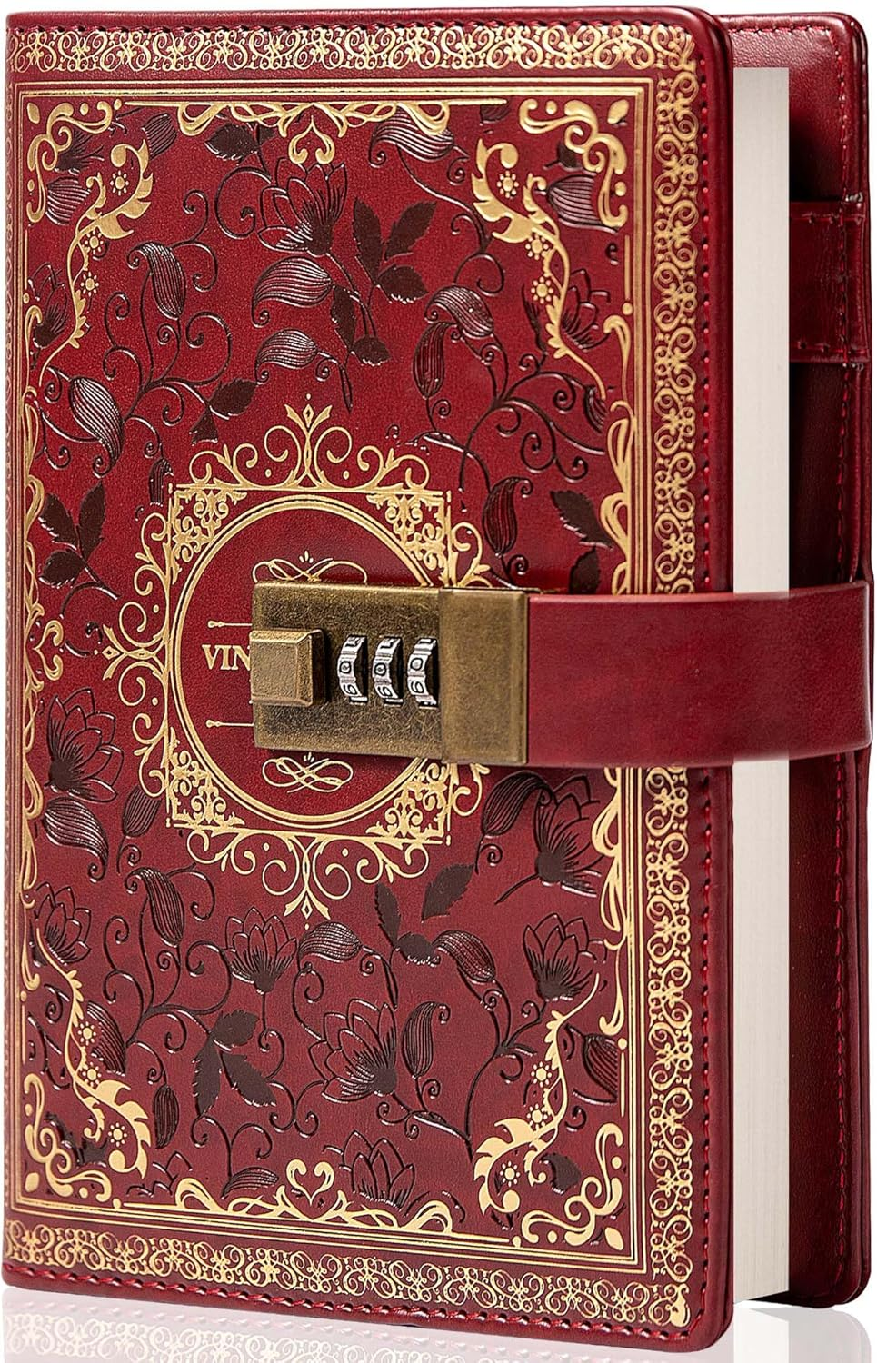 Vintage Leather Journal Notebook with Combination Lock, B6 Embossed Flower Secret Diary Ruled Lined Paper for Writing Women Girls Children (Wine)