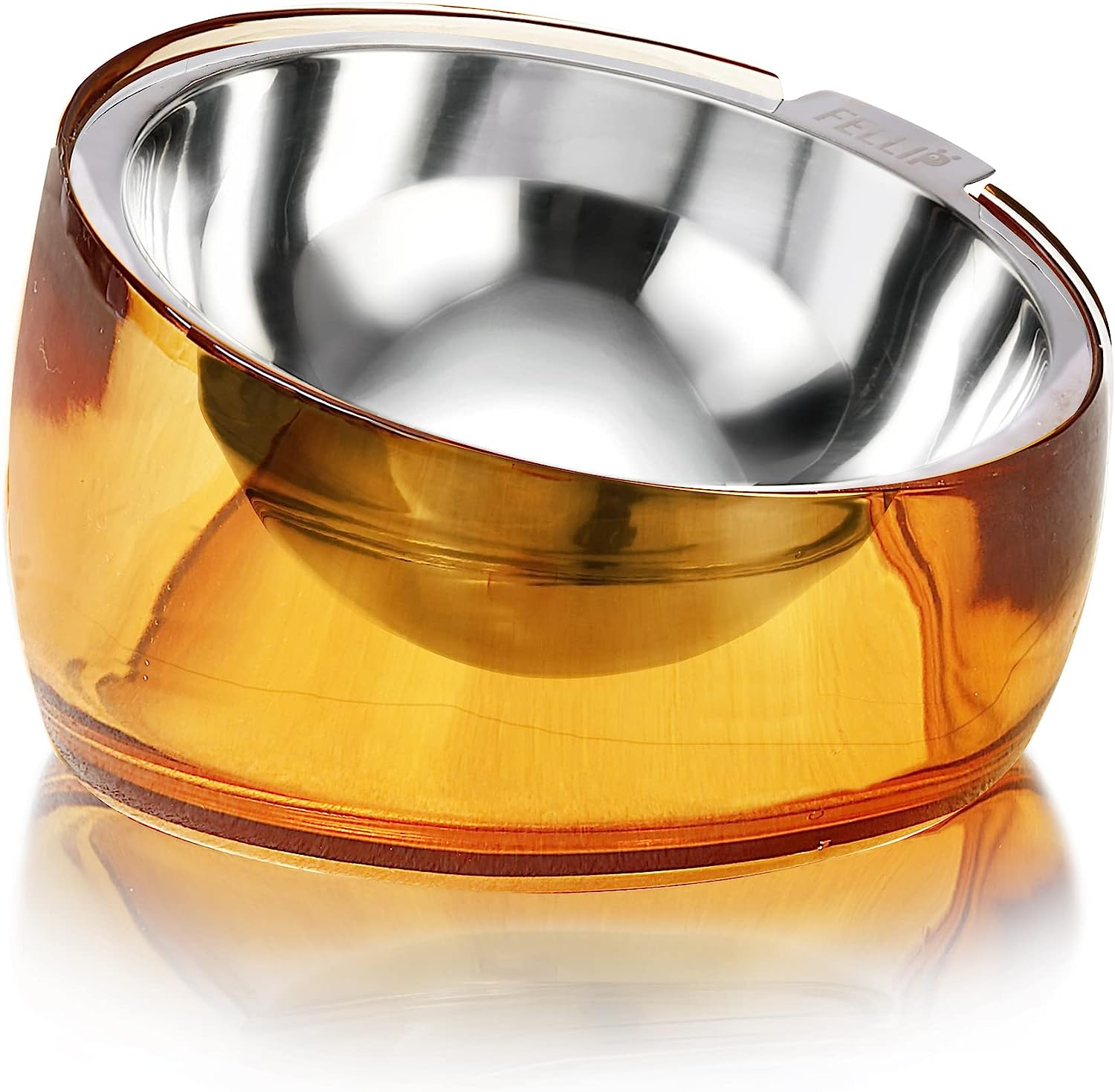 Felli Pet Whisker Stress Friendly Raised Angled Cat Wet Food Bowl Stainless Steel Shallow Dish Tilted, anti Vomit, Slanted Feeding Plate Metal Elevated Acrylic Flat Faced Dog (0.5 Cups, Gold)