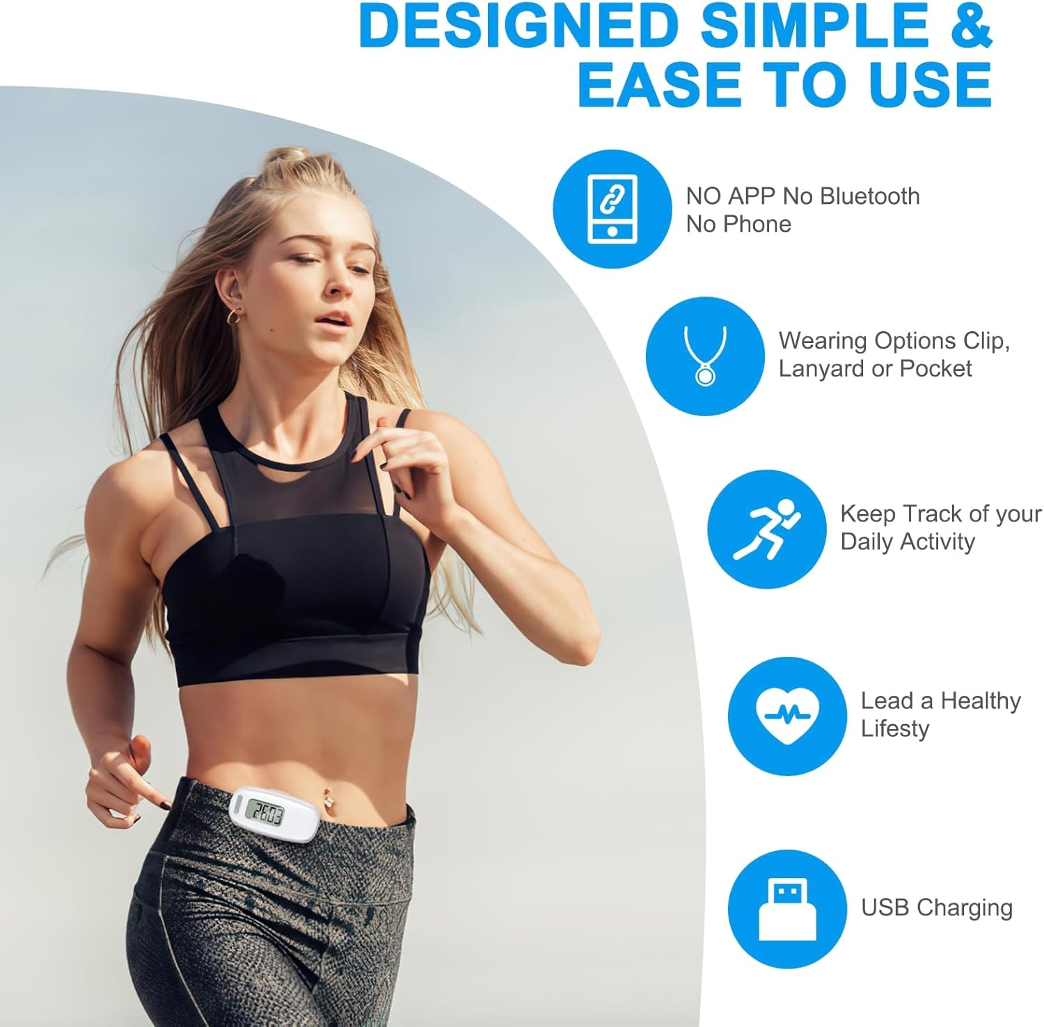 AMIR 3D Walking Pedometer with LED Backlight, Portable Sports Step Counter with Detachable Clips and Lanyard, USB Charging, Track Steps in Real Time, Accurately Pedometer for Seniors Men Women, Kids image number 1