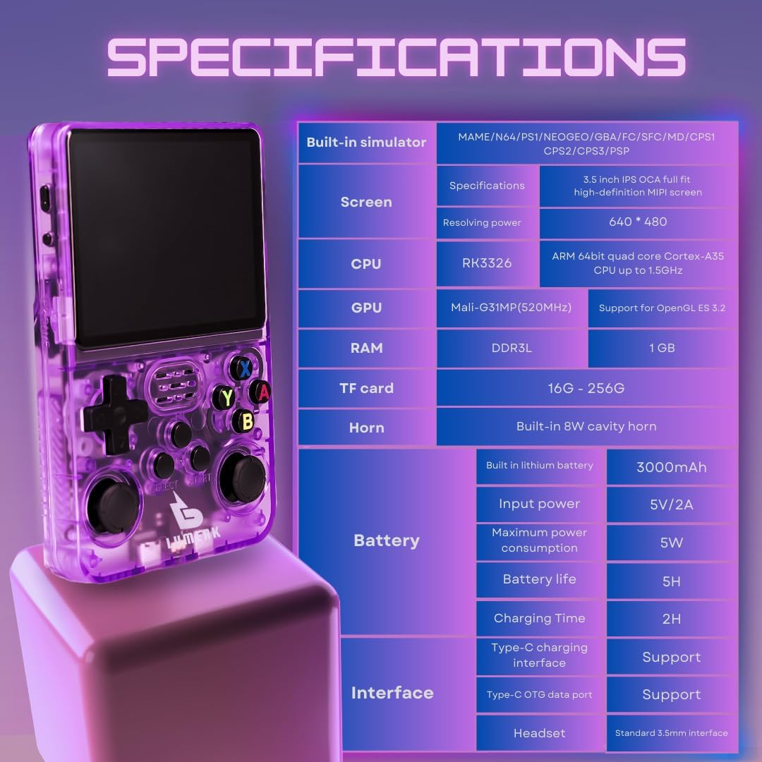 Lumerk R36S Handheld Retro Game Console Air Version(V2.0), 3.5 Inch IPS Screen with Emulator System, 15,000+ Built-In Classic Games, Portable Gaming Console with Dual 3D Joysticks (Transparent Purple) image number 5