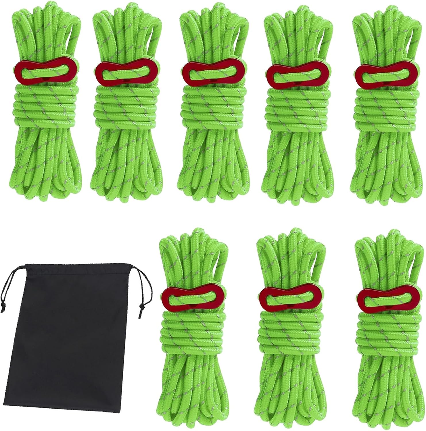 8 PCS Reflective Tent Guy Ropes with Aluminium Tensioner, 4Mmx4M Heavy Duty Paracord Camping Rope Kit for Tent Tarp Hammock Outdoor Survival Gear, Windproof Guide Ropes with Storage Bag (Green) image number 5