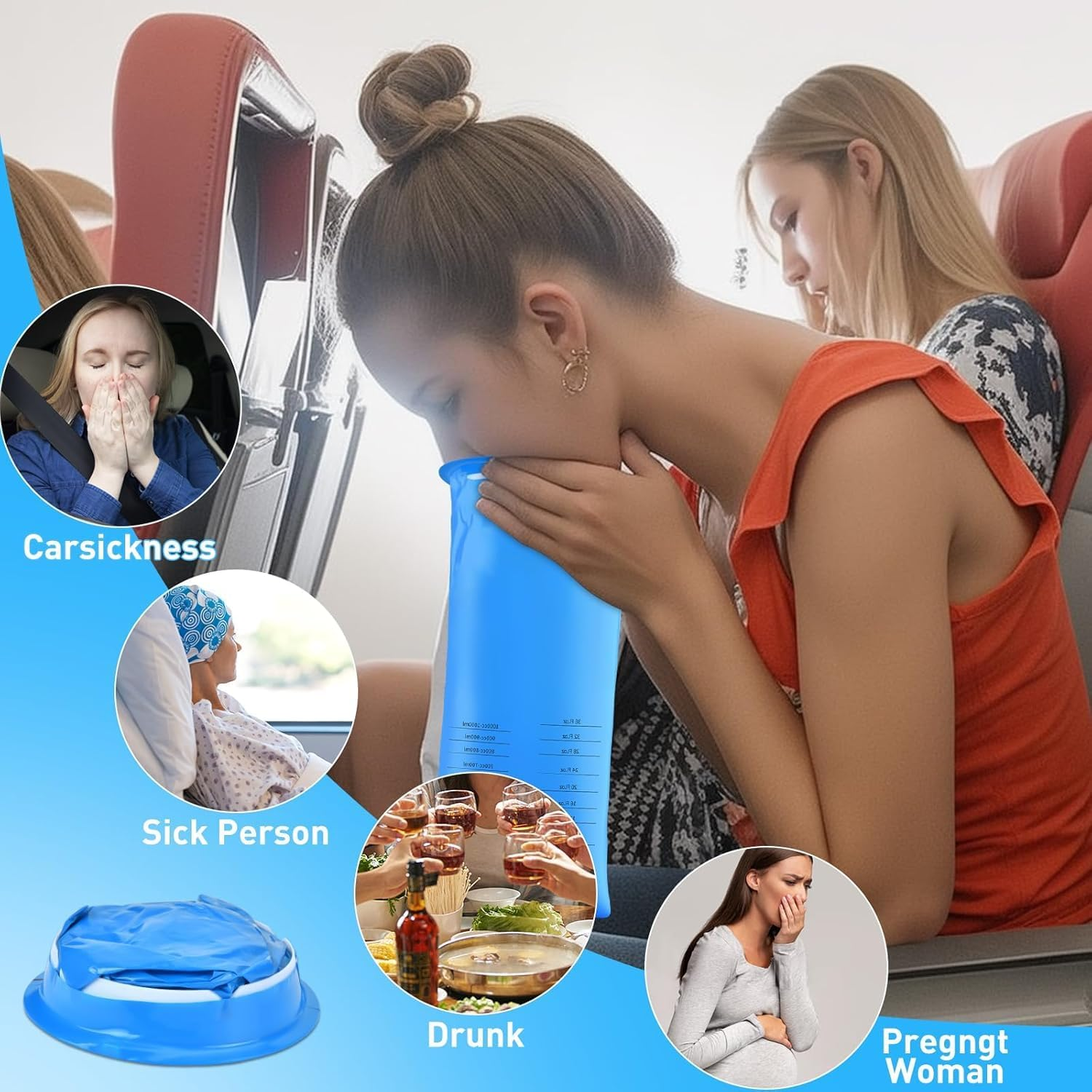 10 Pack Blue Emesis Bag, 1000 Ml Vomit Bag for Morning Sickness, Portable Nausea Bags for Pregnant Women, Leak Resistant Design for Car and Travel image number 2