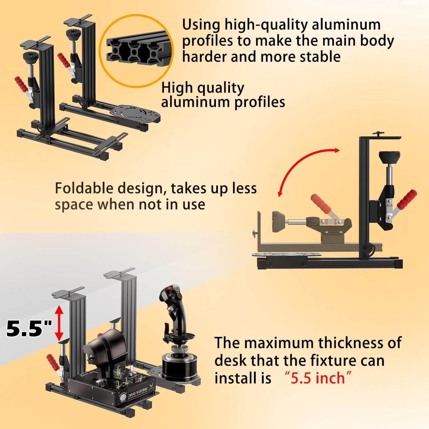Universal Hotas Desk Mount for Thrustmaster Warthog 10C&Throttle/Winwing Orion 1&2/T.16000M FCS/TCA Officer Pack Airbus/Vkb Gunfighter Mk.Lll/Logitech X52/X52 Pro/X55/X56 (Two Pack) image number 2